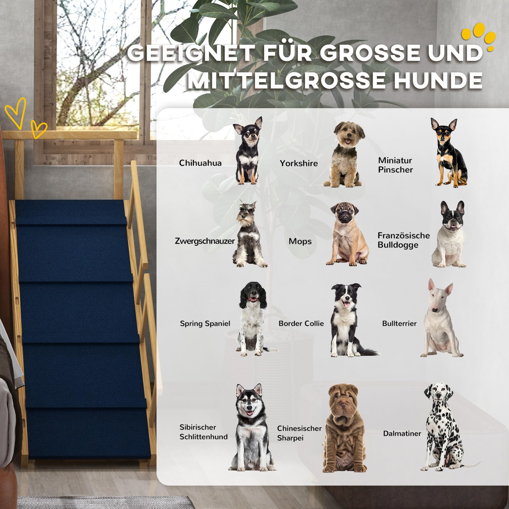 Rampa per cani PawHut Rampa pieghevole per animali domestici con ringhiera rimovibile, ausilio antiscivolo per la pensione dei cani fino a 40 kg, 85 x 40 x 78,5 cm, natura