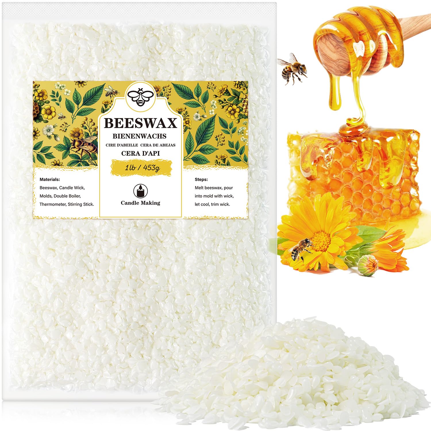 Natural Beeswax Pellets For Candle Making – Pure Yellow Wax For DIY Lip Balm & Skincare (1lb) - View #5