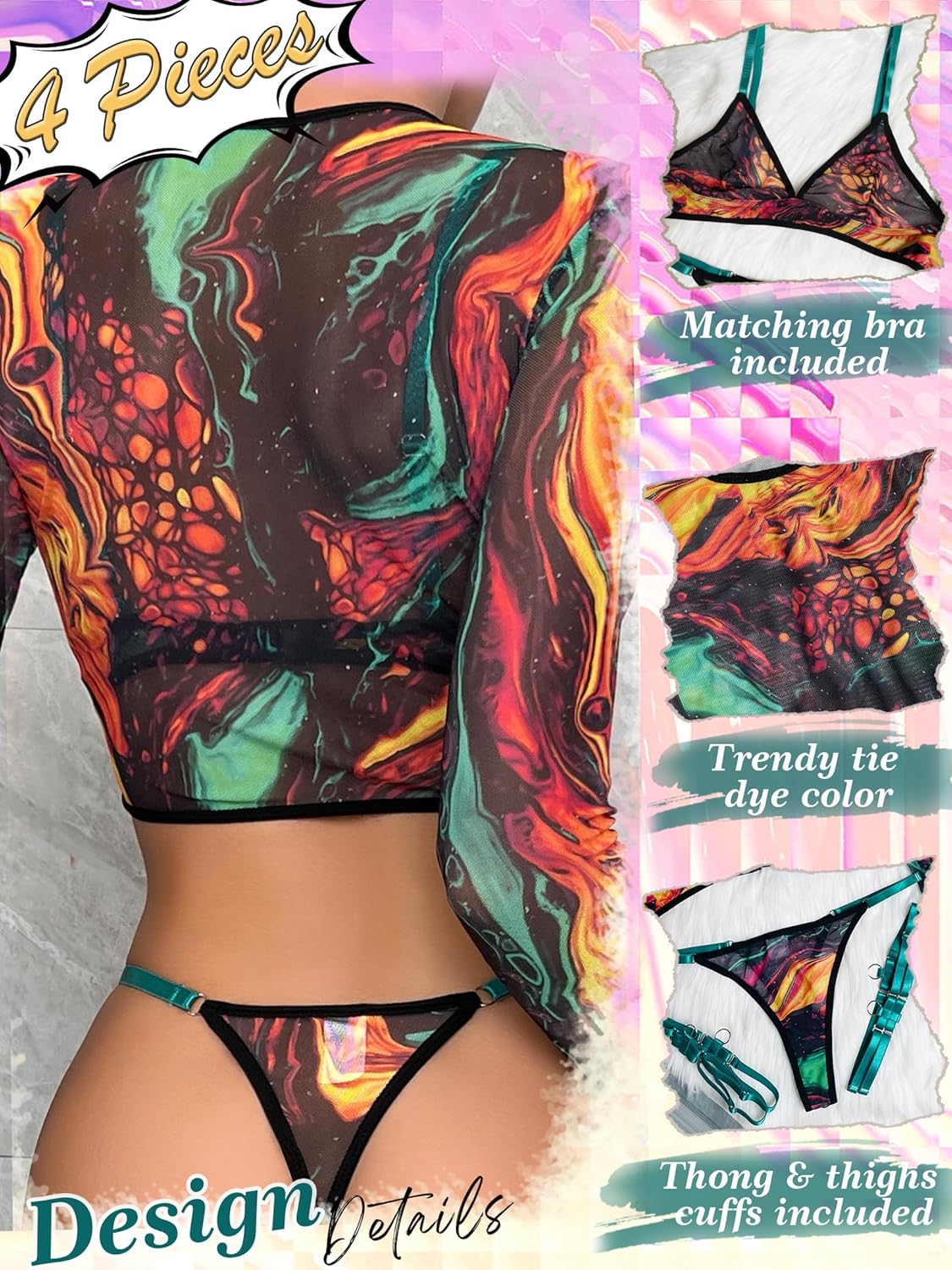 popiv Women 4 Piece Sexy Mesh Lingerie Set Rave Outfits Long Sleeve Crop Tops Bra and Panty Sets - Image 2