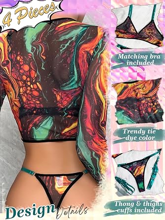 popiv Women 4 Piece Sexy Mesh Lingerie Set Rave Outfits Long Sleeve Crop Tops Bra and Panty Sets