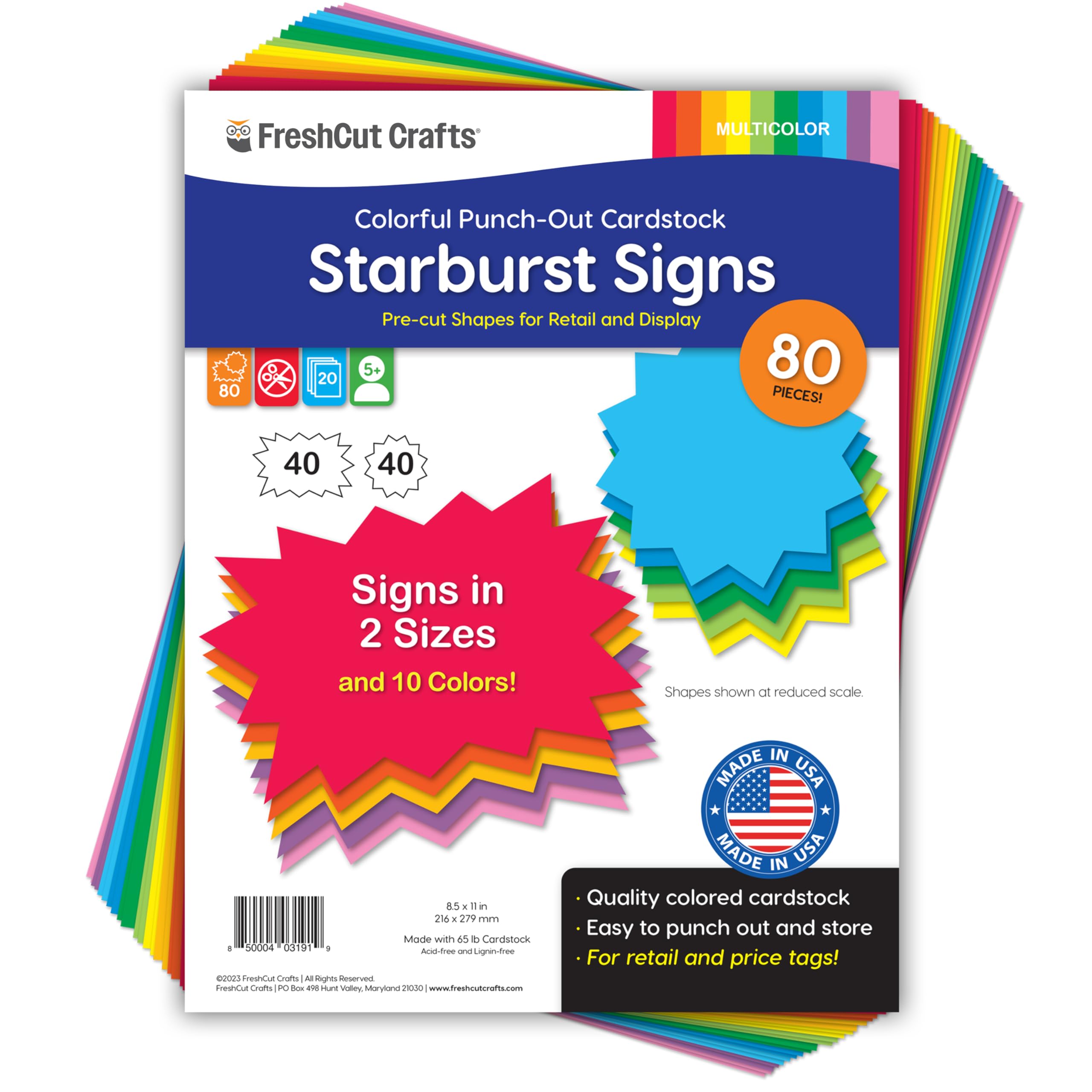FreshCut Crafts 80 pcs Starburst Signs Multicolor Blank Tags in 2 Sizes for Retail Sales, US Made Card Stock Punch Out Signs for Garage Sale Yard Sale