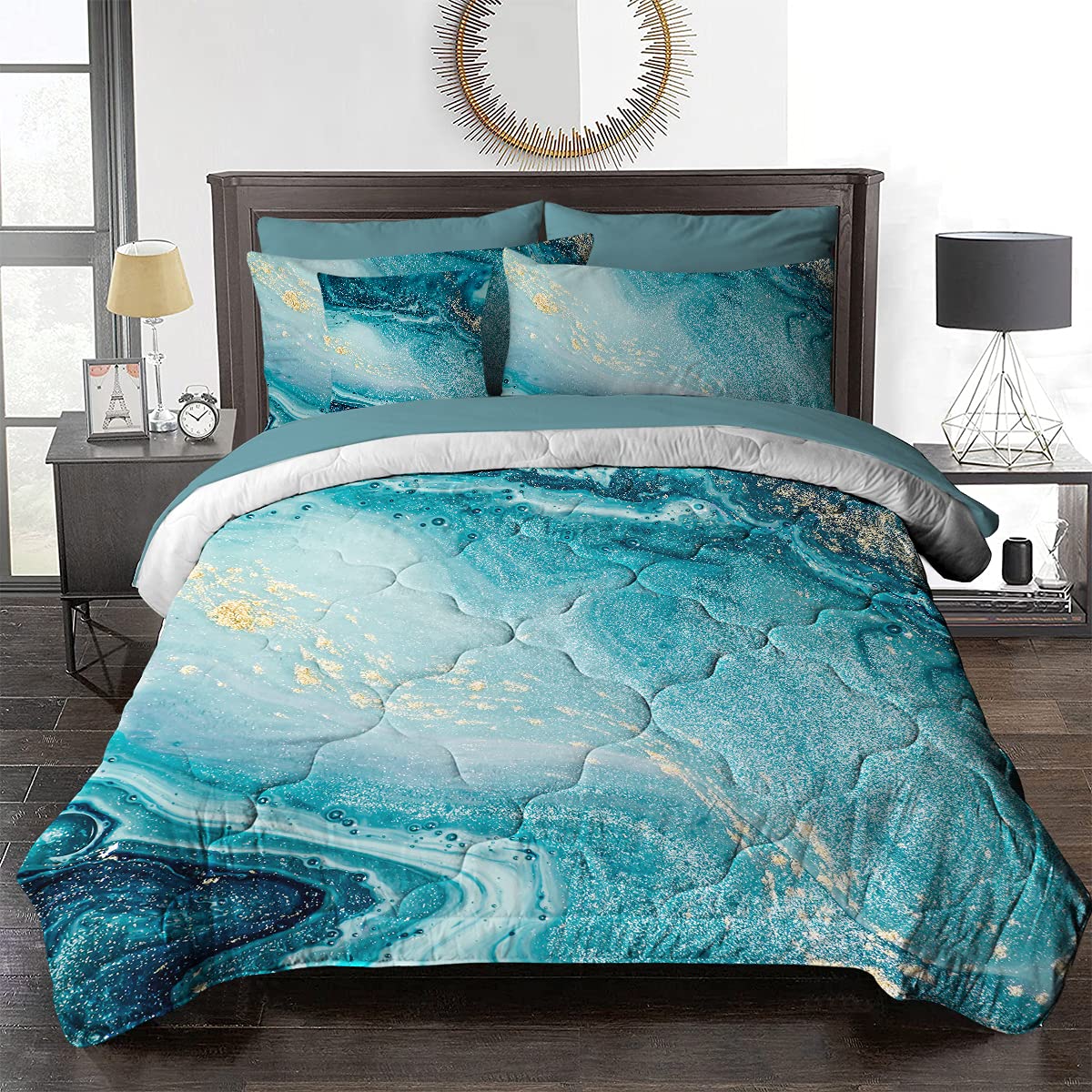 BlessLiving 8 Piece Marble Comforter Set, Ocean Blue Green, Faux Gold Glitter Abstract Bedding Sets Full with Comforter Sheets Shams - Quicksand Fluid Painting Art Bed Set for Adults Women Girls