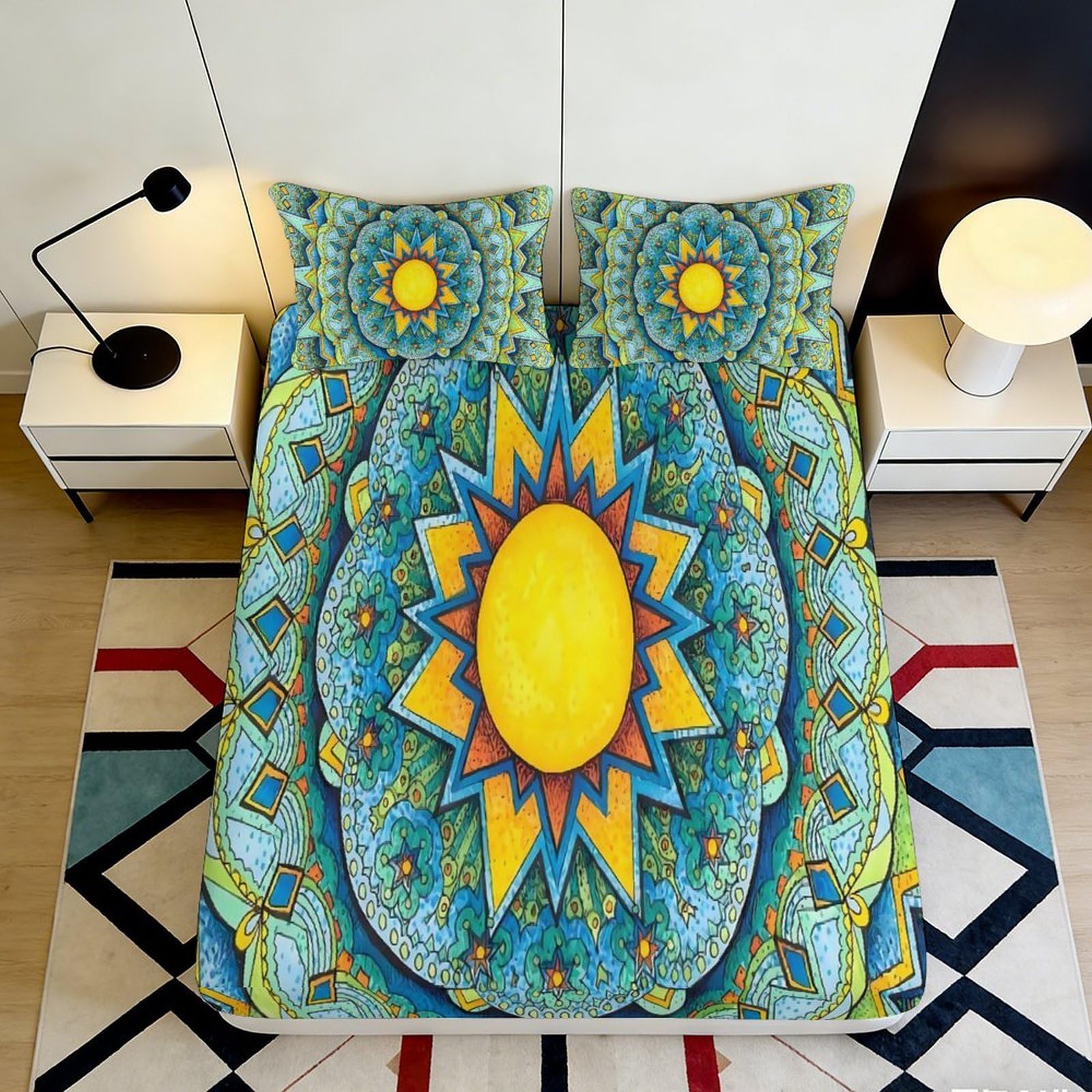3D Printed Sun Mandala Fitted Sheet Microfiber Anti-Slip Ethnic Pattern Mattress Cover for Bedroom Decor 90x200x25cm