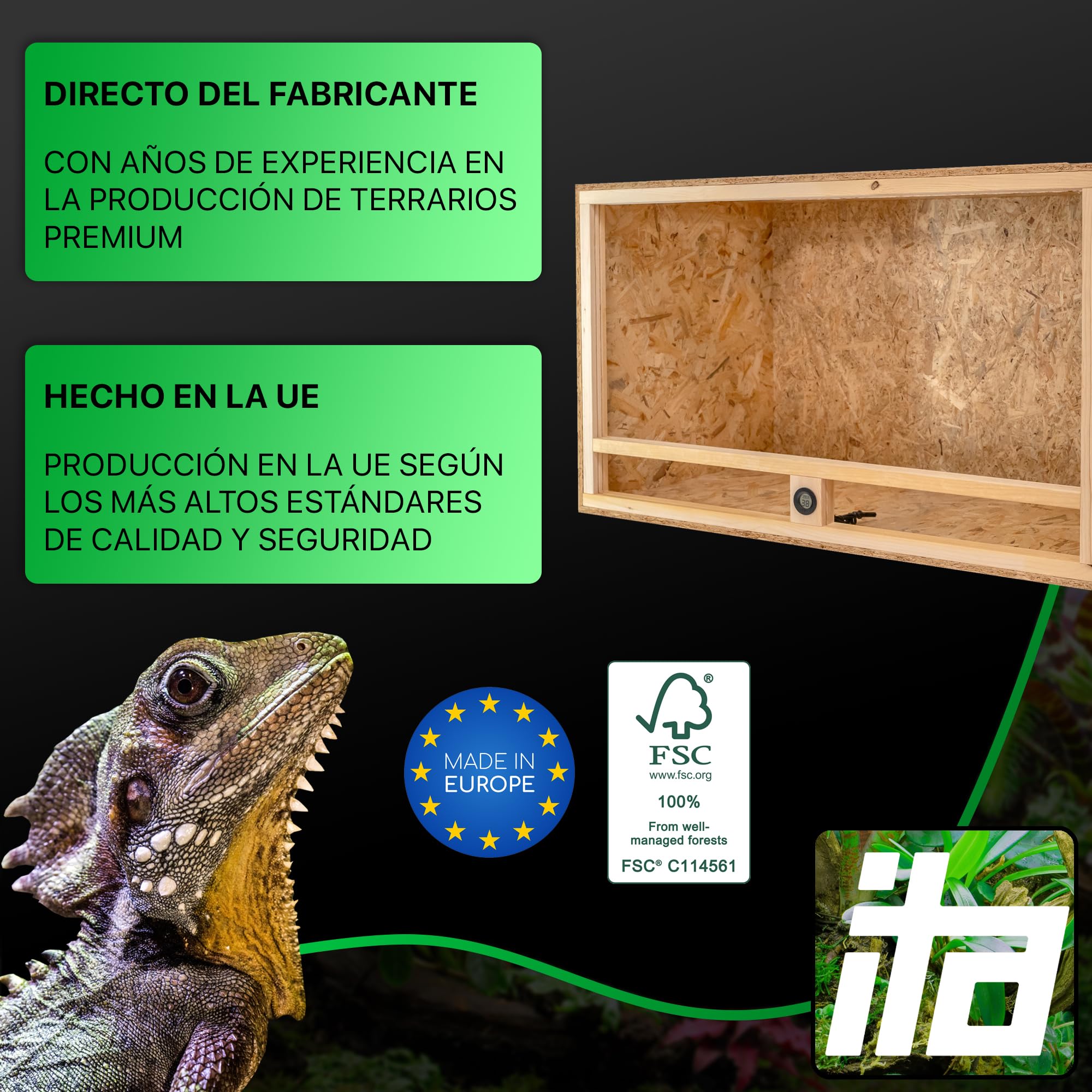 ITA Terrario para Tortugas 120x60x60 cm con Techo Abierto e higrómetro Integrado - Terrarios de OSB-3 - para Tortugas y Otros Animales - Producto UE