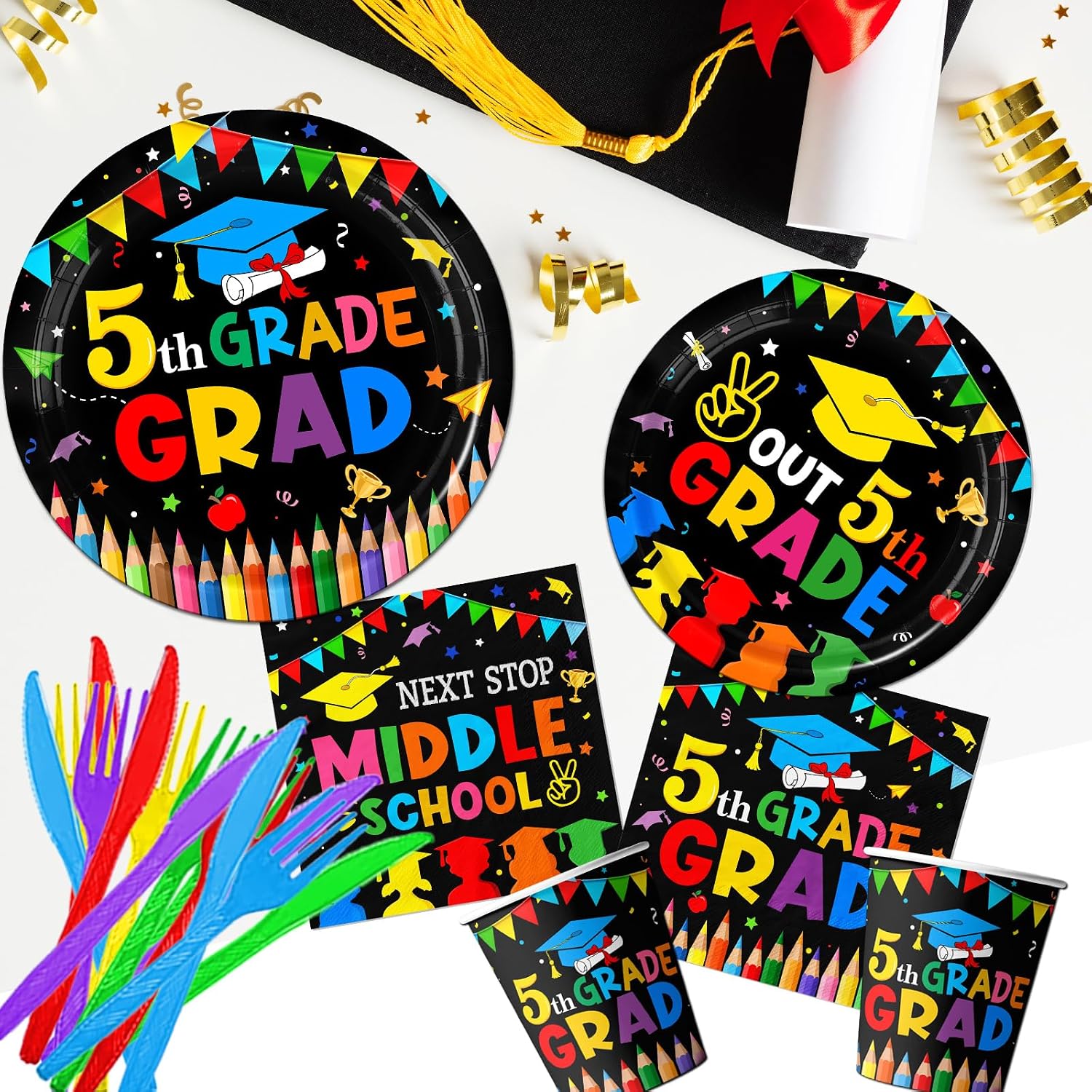 150Pcs 5th Grade Graduation Decorations Tableware, Elementary Graduation Decorations Plates and Napkins, Fifth Grade Graduation Decoration Plates and Napkins 2026 for Boys and Girls Black