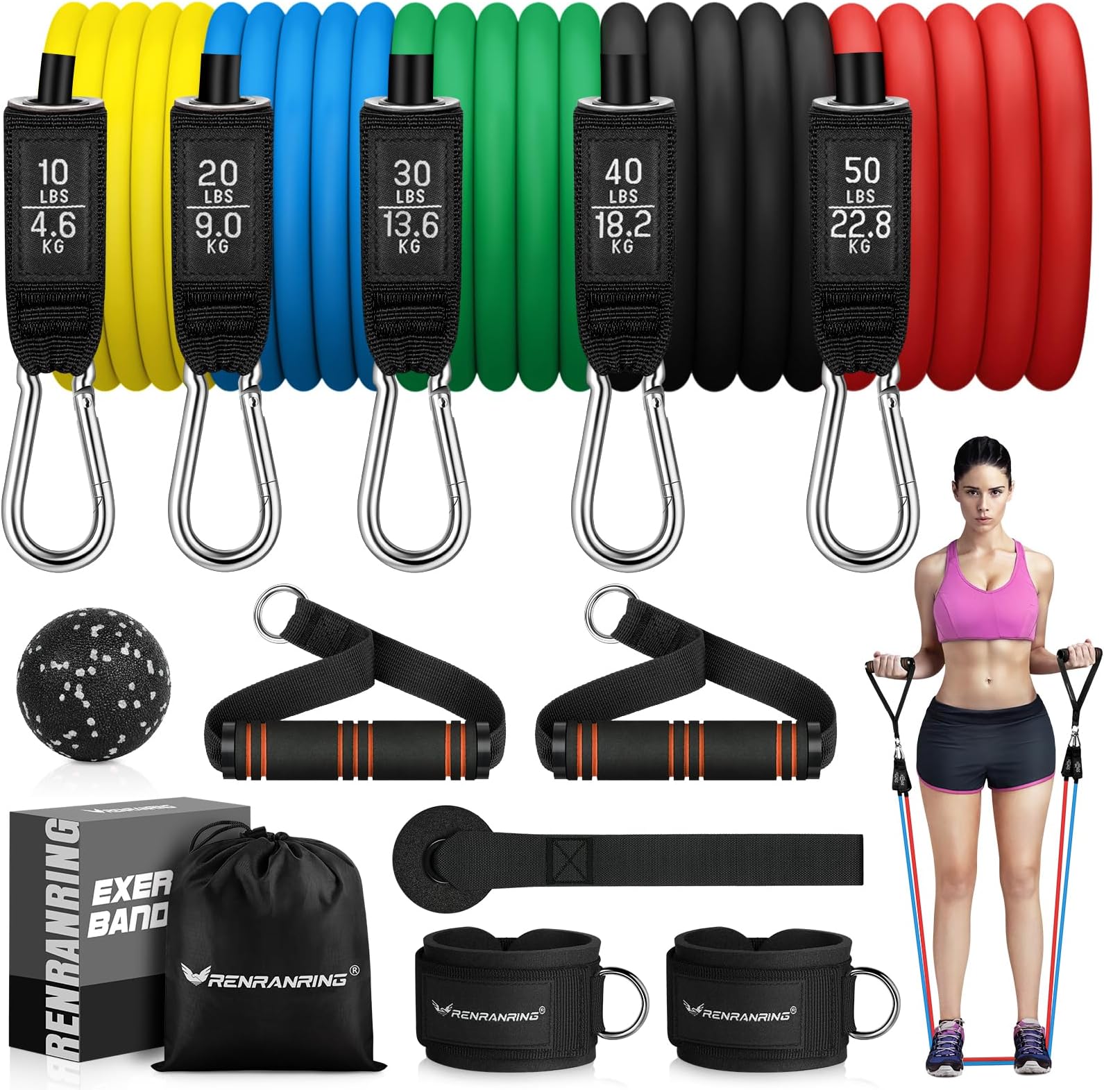Resistance Bands Set, Exercise Bands with Stackable Workout Bands, Door Anchor Attachment, Handles, Legs Ankle Straps, Carry Bag, Gym Equipment for Home