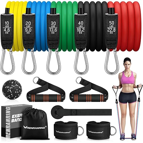 RENRANRING Resistance Bands for Working Out, 150LBS Exercise Bands, Workout Bands, Resistance Bands Set with Handles for Men Women, Legs Ankle Straps for Muscle Training