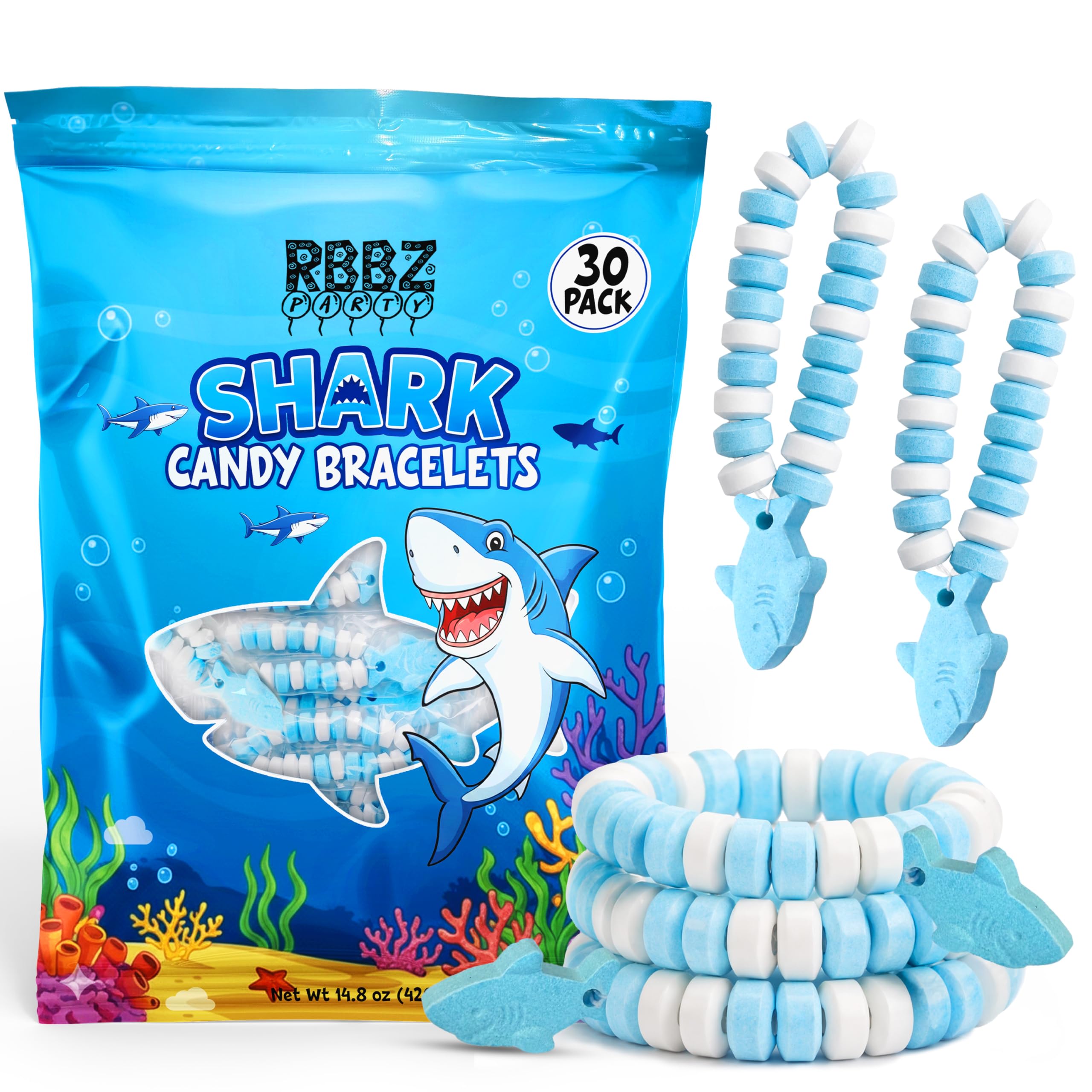 Shark Candy Bracelets – 30 Count Bulk Value Pack, Individually Wrapped Suckers – Cute Fun Summer Themed Favor – Ocean, Under the Sea – Birthday Treats
