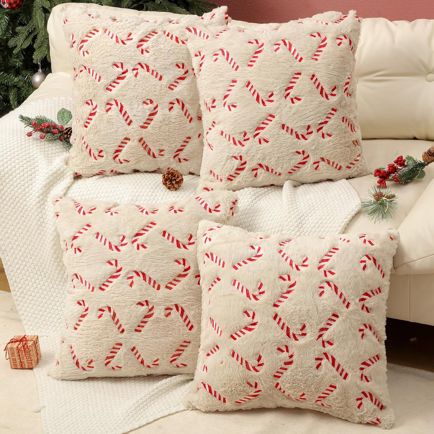 Tranqun 4 Pcs Christmas Candy Cane Throw Pillow Covers 20x20 Inch Xmas Red Candy Embroidery Pillowcases Fluffy Christmas Cane Decorative Cover for Winter Holiday Farmhouse Living Room Sofa Car Decor 20" x 20" (Pack of 4)
