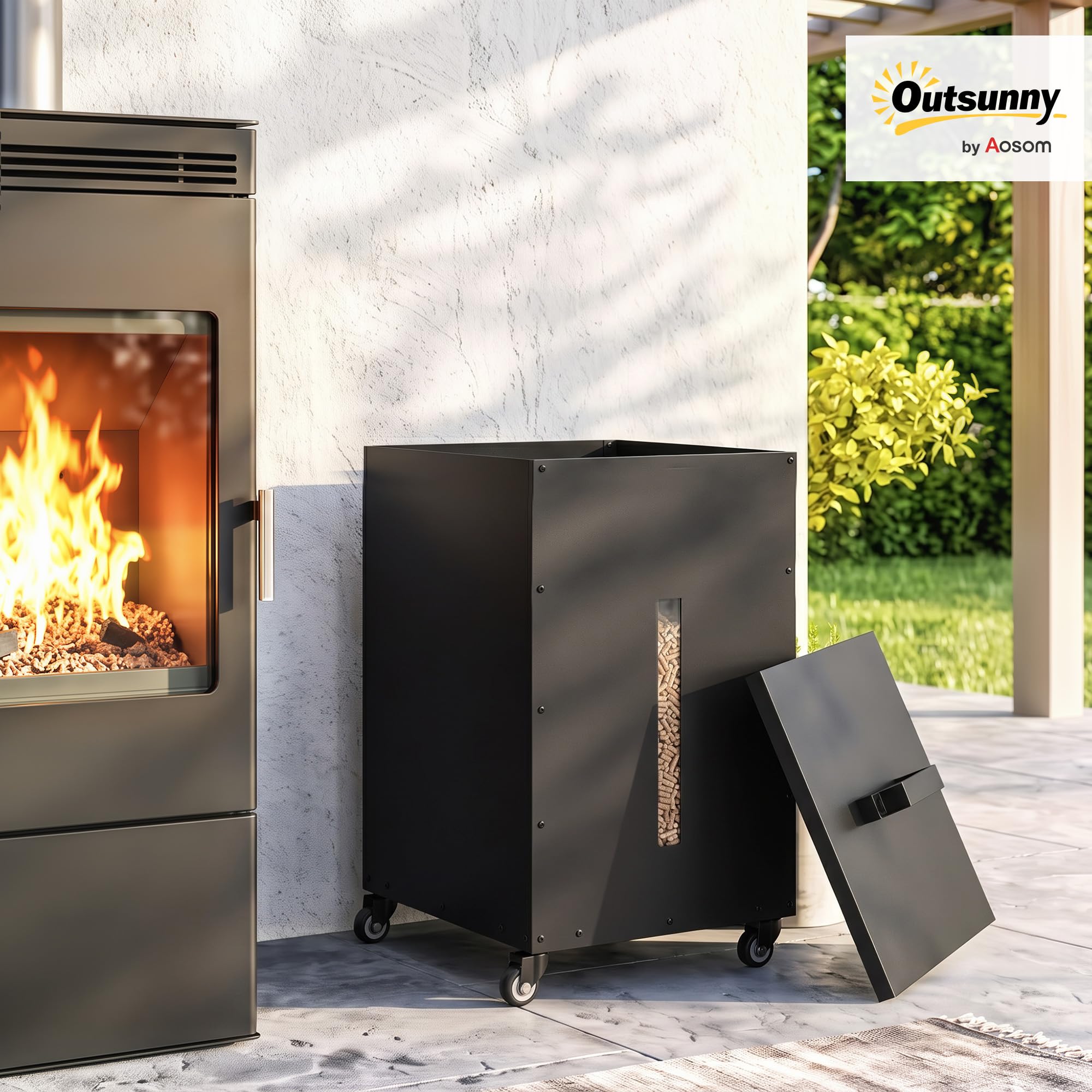 Outsunny Porta Pellet da Interno con Ruote da 30 kg in Acciaio, Nero
