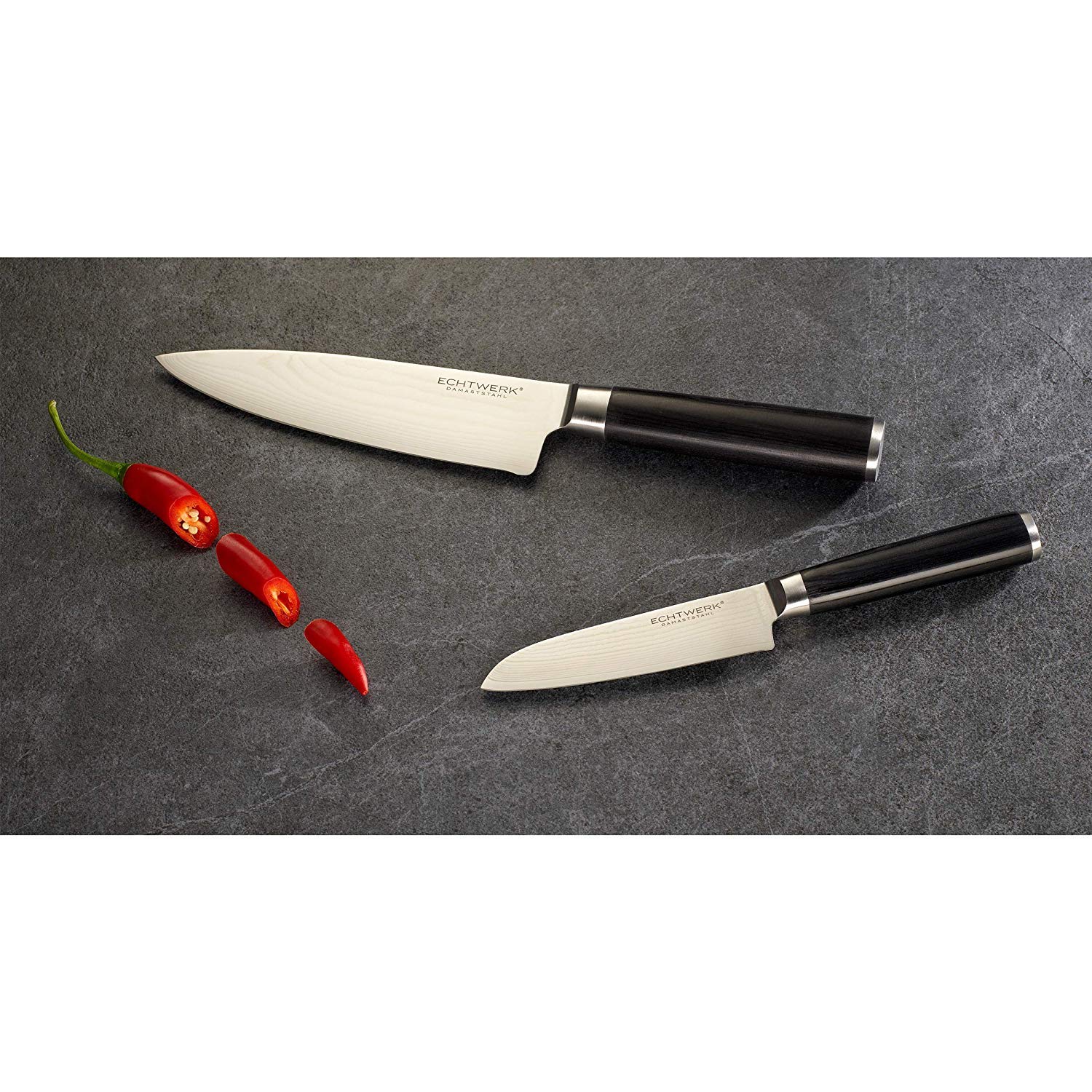 ECHTWERK Set 6 Coltelli Damasco - Chef, Santoku, Filetto, Multiuso, Spelucchino + Blocco Magnetico In Legno - 5
