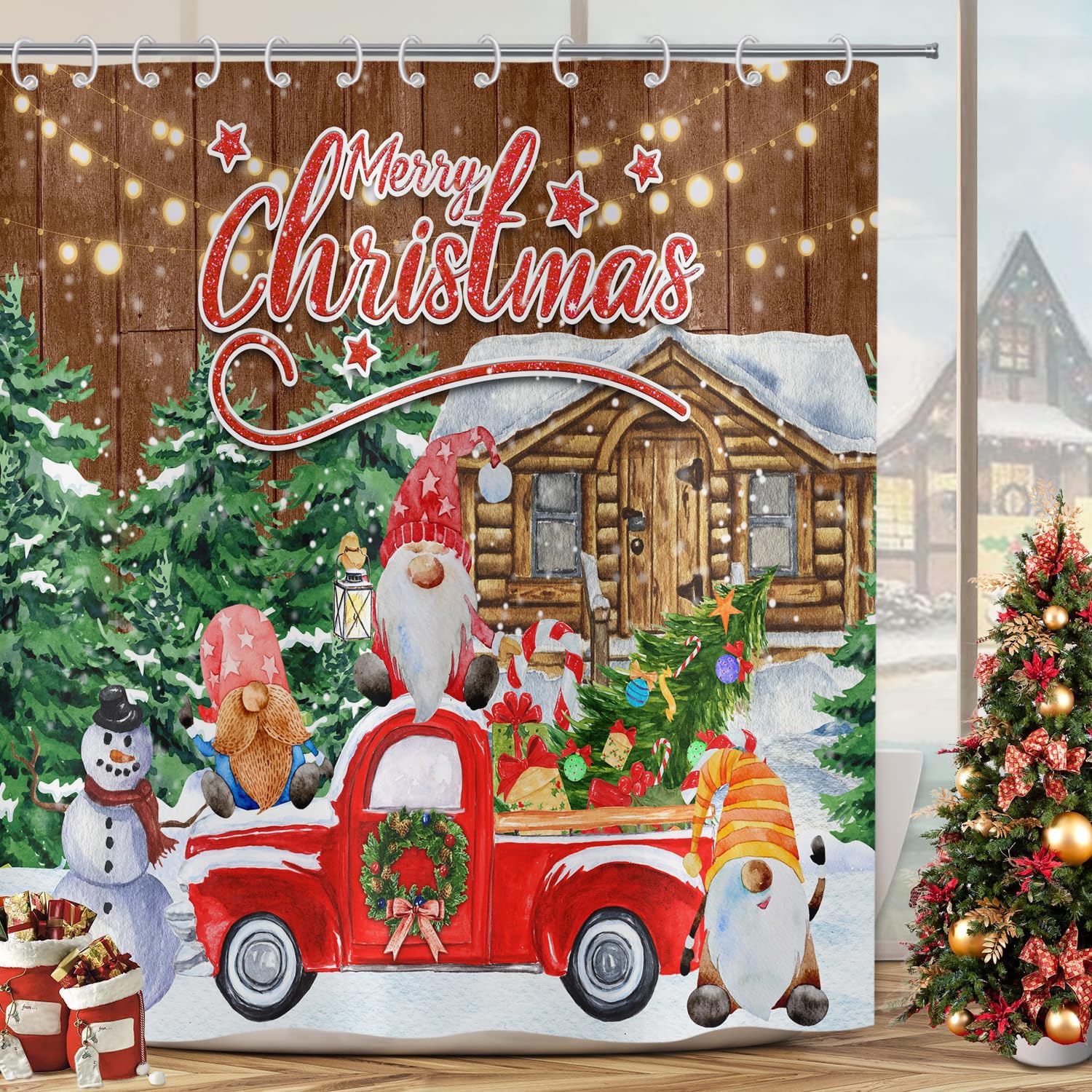 Hnmdmyi Christmas Shower Curtain 120x180, Cute Gnome Snowman Xmas Tree Red Truck Farmhouse Winter Holiday Bathroom Curtains with Hooks Waterproof Polyester Fabric Washable Bath Curtains for Wet Room