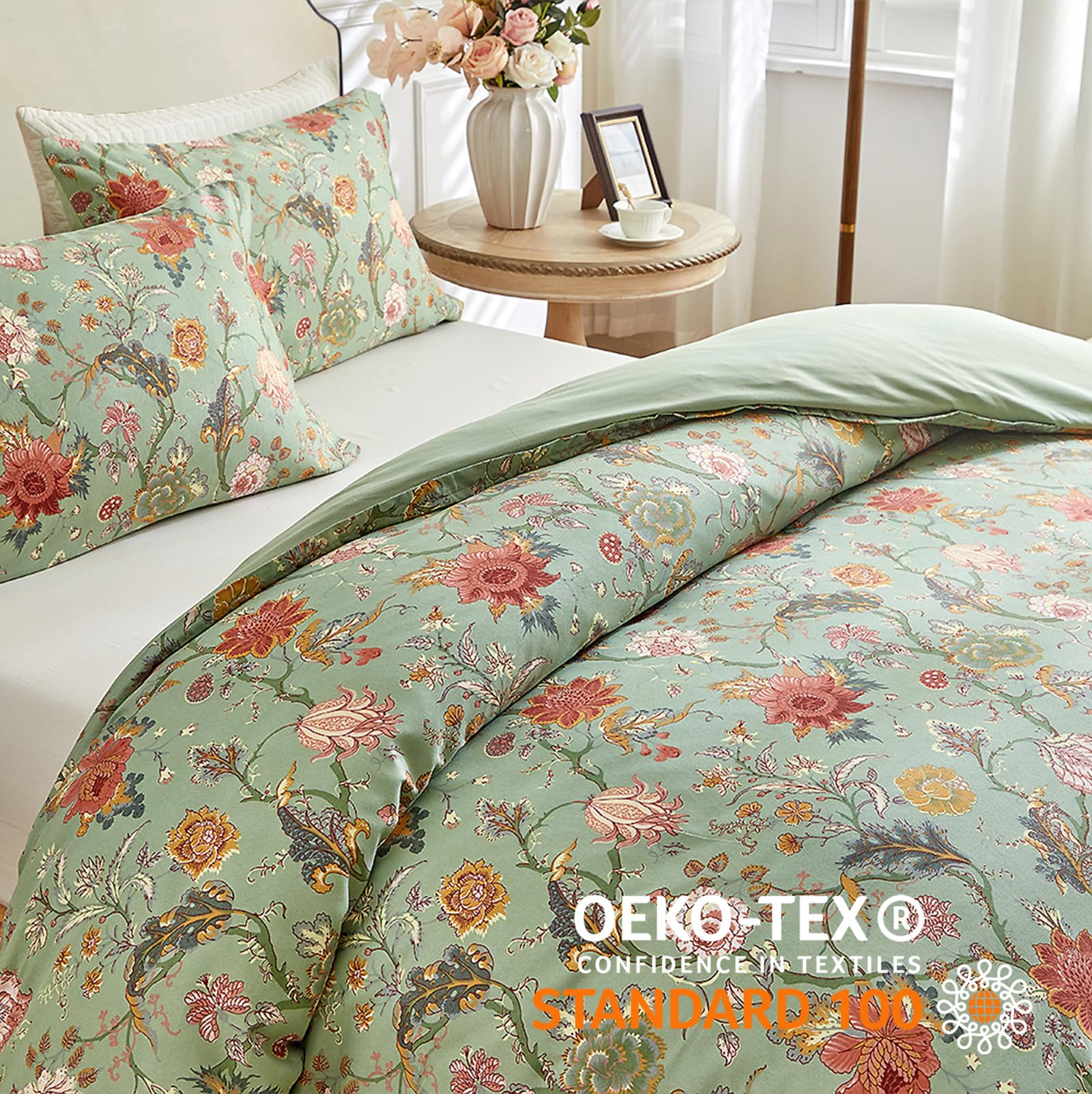 Freyamy Grün Bettwäsche 200x220,Exotisch Bunt Blumen Bettwäsche-Sets 3tlg,Luxus Botanisch Wende Bettwäsche Weich Gewaschene Mikrofaser Bettbezug mit Reißverschluss und 2 Kissenbezüge 80x80cm