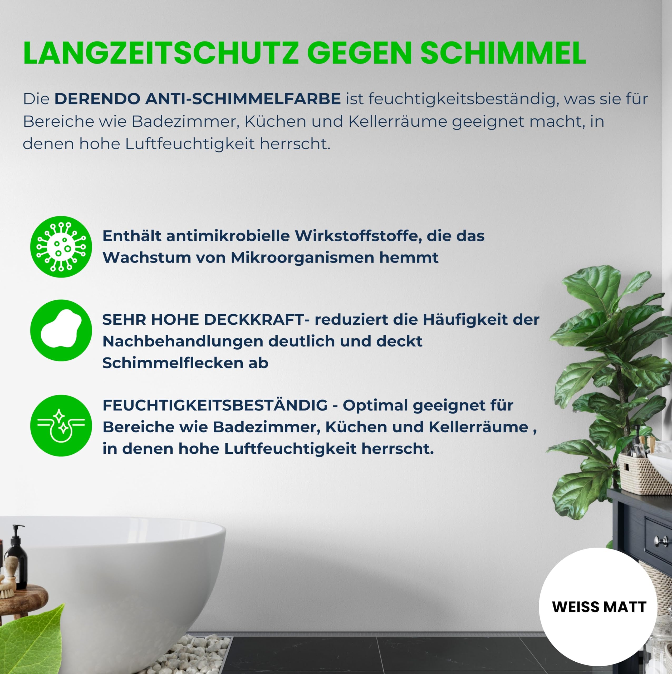 derendo Anti-Schimmelfarbe Weiß 10 L – Wandfarbe gegen Schimmel, Feuchtraumfarbe für Badezimmer, Küche & Schlafzimmer