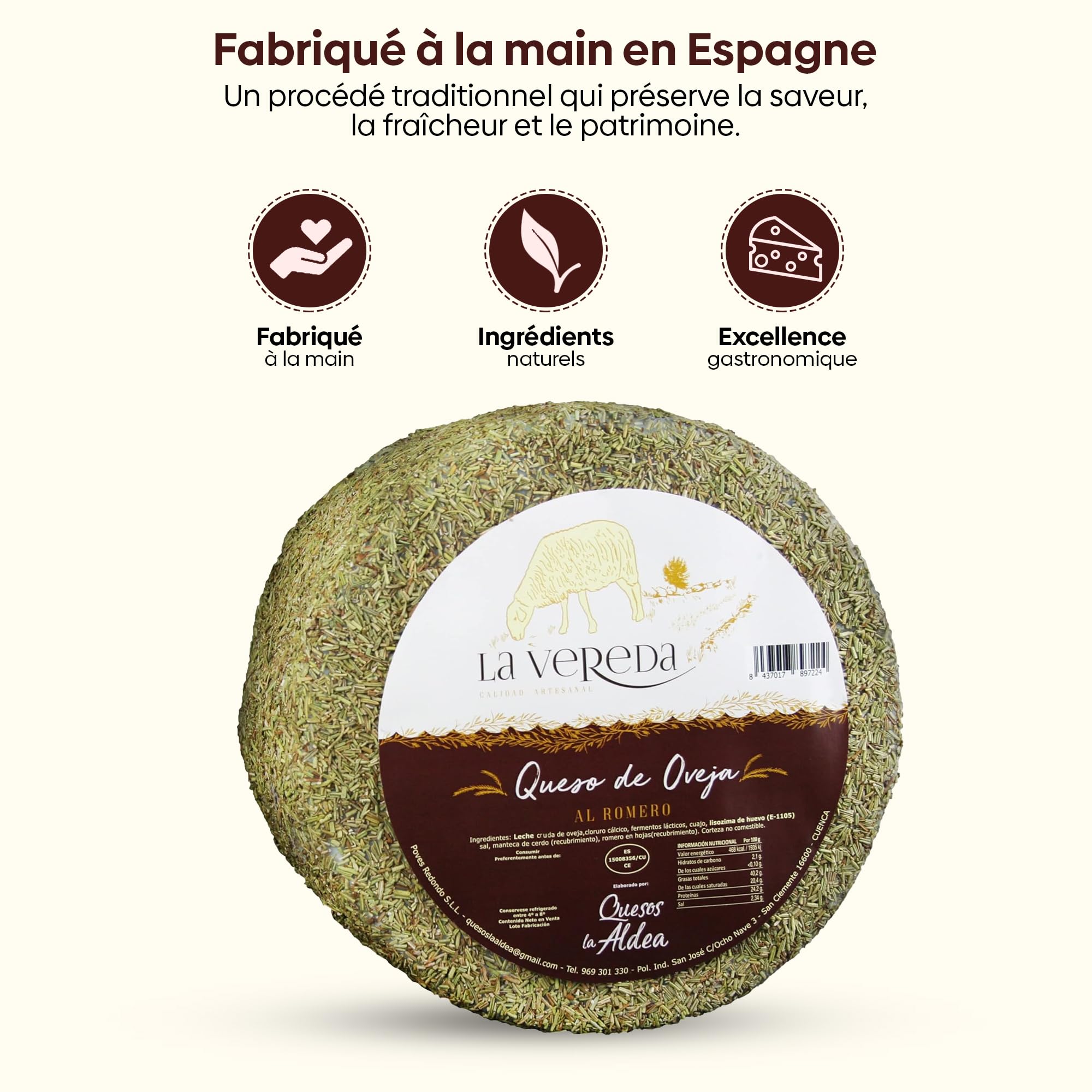 Fromages La Aldea | Fromage Affiné de Brebis au Beurre et au Romarin 1 kg | Affinage 6 Mois | Morceau de Fromage au Lait Cru Artisanal | Coffret Cadeau Gourmand, Panier de Fromages Gourmands Cadeau
