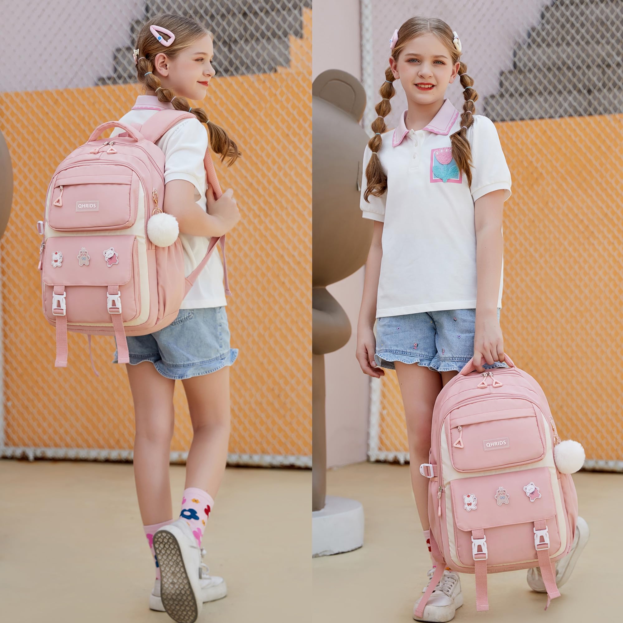 QHRIDS Girls Backpack Aesthetic Laptop Backpacks Kawaii Large Bookbag Anime Casual Travel Daypack,Pink