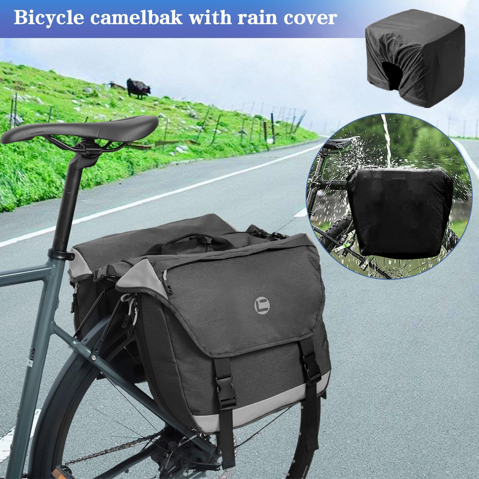 Sacoches Velo, 35L Sacoche Velo Porte Bagage Arriere avec Réflecteurs/Housse de Pluie Imperméable, Sacoche Velo Arriere pour Vélo Électrique/VTT, Sacoche Porte Bagage Velo