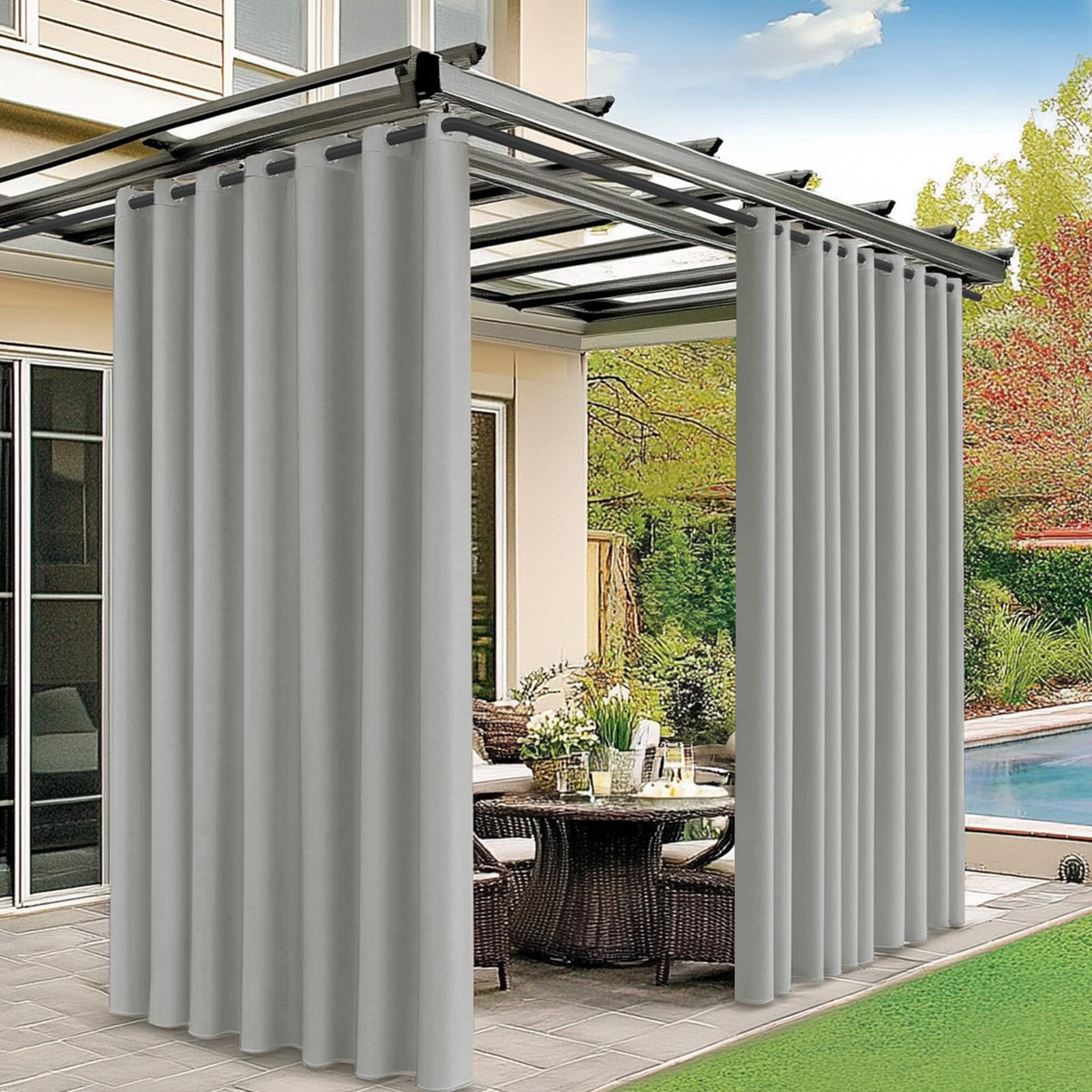 M METERXITY Outdoor Curtains for Patio Waterproof, 110W x 96L Inch Heavy Gazebo Curtains for Outdoor Patio, Porch, Sunlight [Grey, Grommet Top]