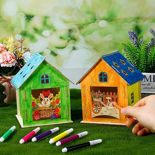 Miniatura 5 de Wenqik Kit de manualidades de graffiti de casa de primavera, 9 piezas, corte 3D, rompecabezas de madera, casa de madera con 12 bolígrafos de