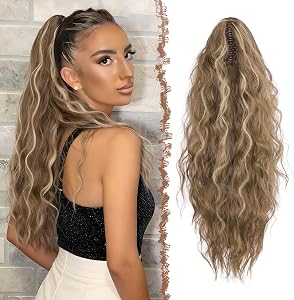 Extensie de păr coadă de cal cu clemă FESHFEN, 30 inch, ondulată, sintetică, șuvițe maro deschis și blond pentru femei