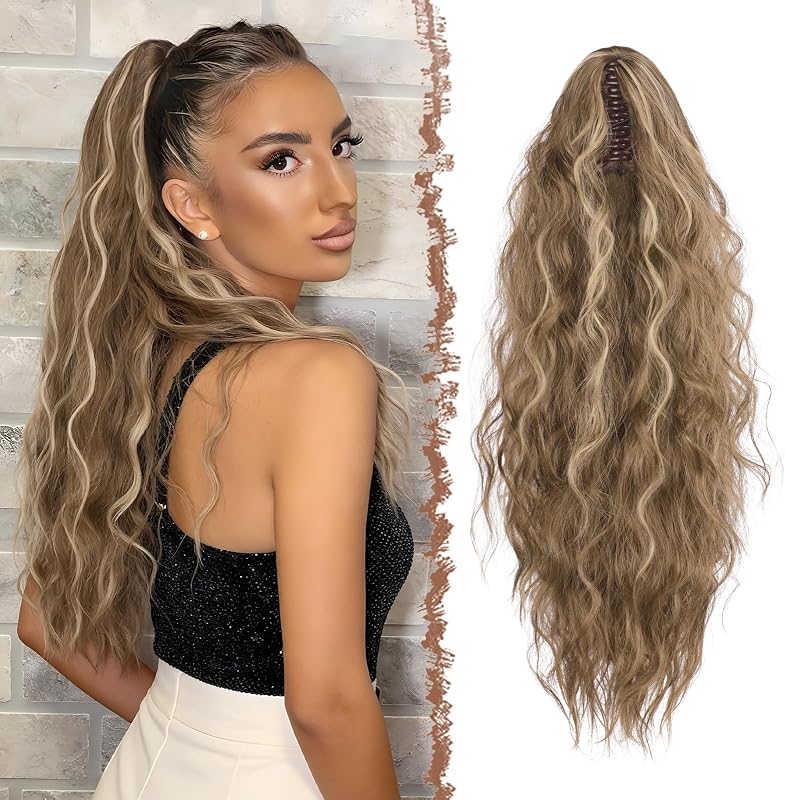 Extensie de păr coadă de cal cu clemă FESHFEN, 30 inch, ondulată, sintetică, șuvițe maro deschis și blond pentru femei