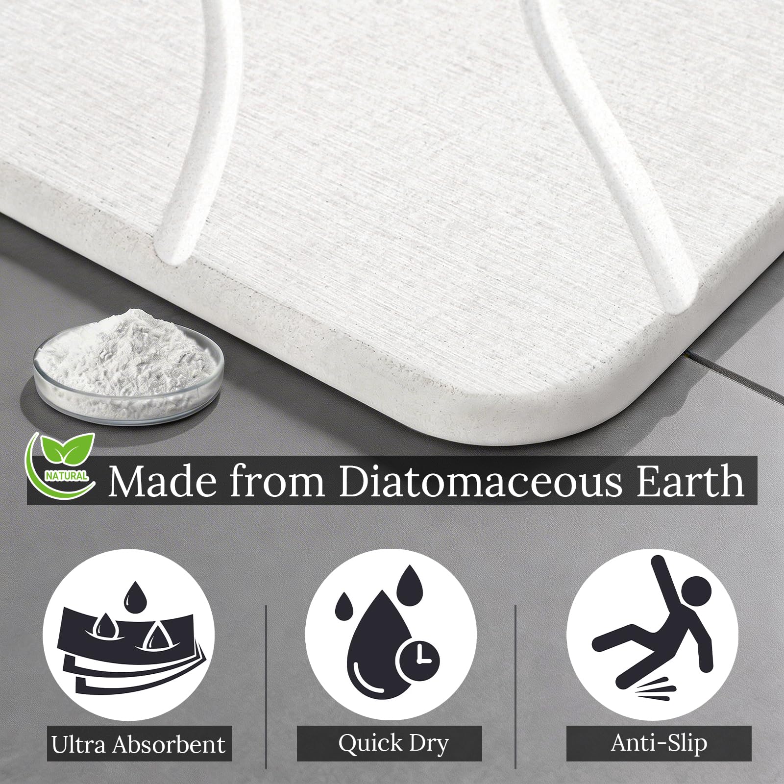 Euqvunn Alfombrilla de Baño de Piedra 60 x 39 cm 2 Unids – Secado Rápido, Antideslizante, Absorbente, Resistente a la Humedad, de Tierra de Diatomeas para Cocina, Bañera y Salida de la Ducha – Blanco