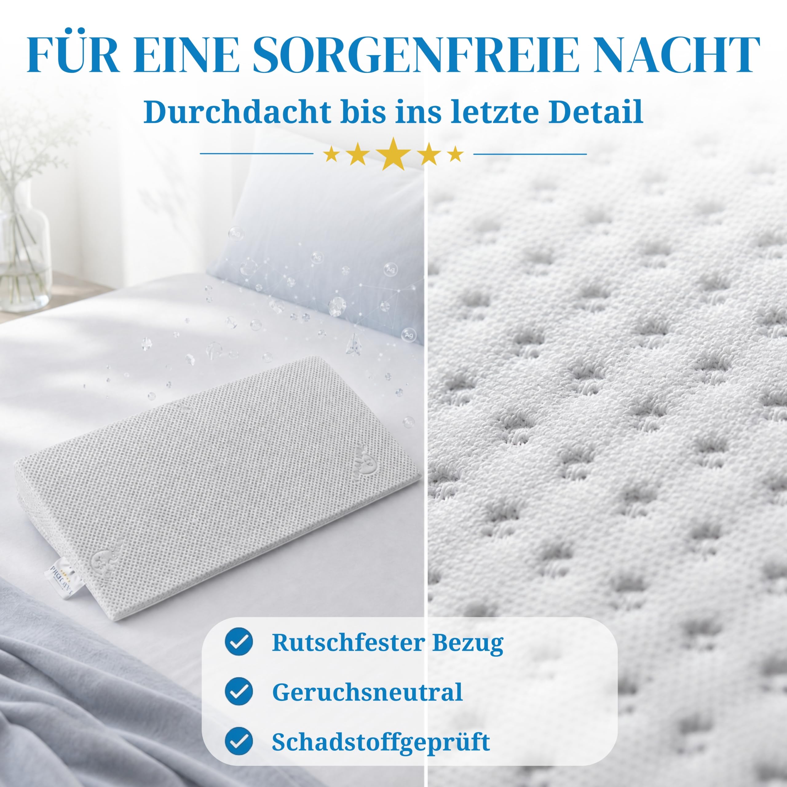 PROCAVE Bettkeil mit Bezug aus Silver Protect-Doppeltuch | Breite: 180 cm x T: 45 cm x H: 15/1 cm | Made in Germany | keilförmiges Schaumstoffkissen für Betten und Wasserbetten