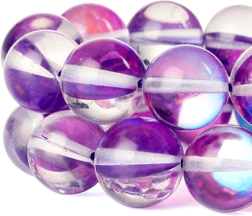 RUBYCA Cuentas redondas de cristal de piedra lunar Aura iridiscente para fabricación de joyas (1 hebra, 0.315 pulgadas, morado)
