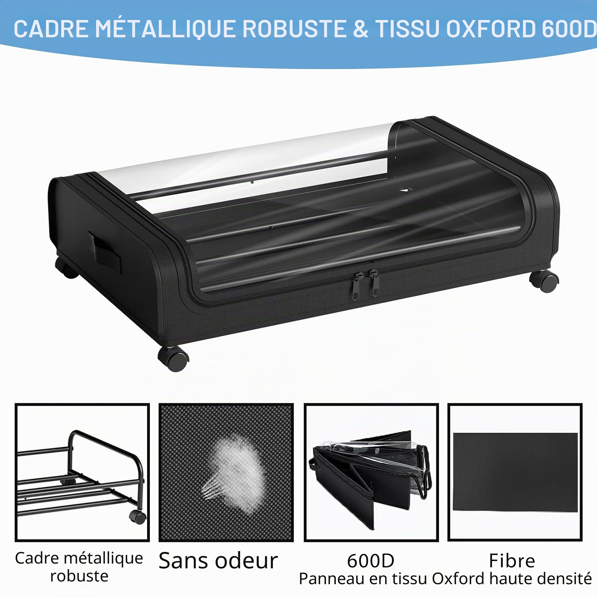 2 Pcs Rangement Sous Lit Boite Housse Sac Rangement Vetement avec Roulette et Couvercle Cadre métallique Placard Tiroir Organisateur Bac Chambre Drap Caisse pour Vêtements Jouets Livres Chaussure,Noir
