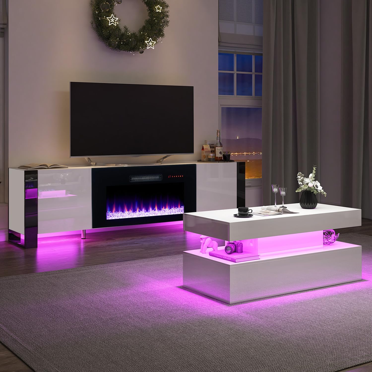 VanAcc 3-Piece Modern Living Room Table Sets, 80" Modern LED TV Stand with 40" Electric Fireplace, High Gloss Coffee Tables for Living Room, White