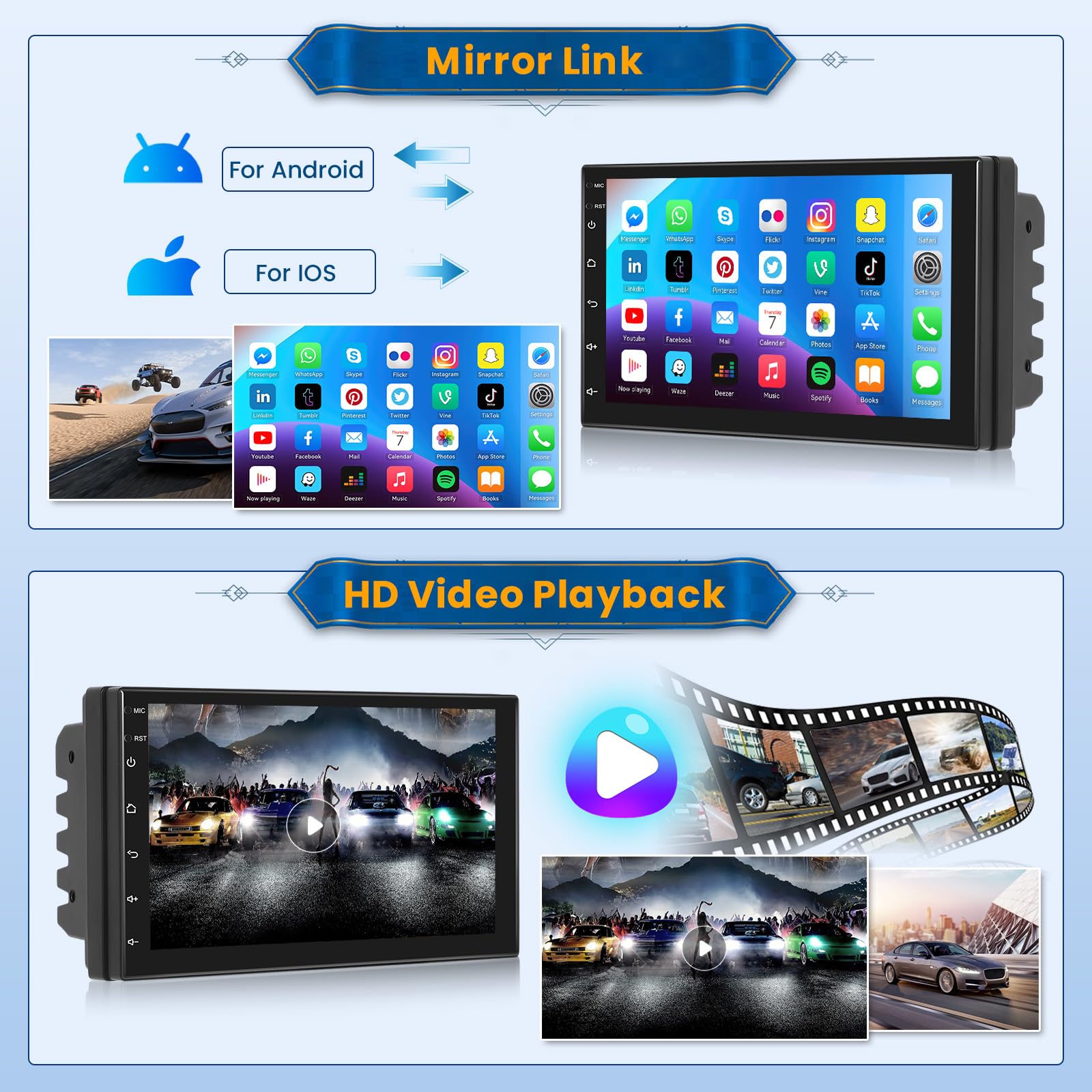 Inefala 2 Din Android Car Stereo z zestawem głośnomówiącym Bluetooth (1 + 16 GB), 7-calowy ekran dotykowy 2 Din Android Car Stereo Obsługuje GPS/WiFi/Mirror Link/Radio FM RDS z tylną kamerą