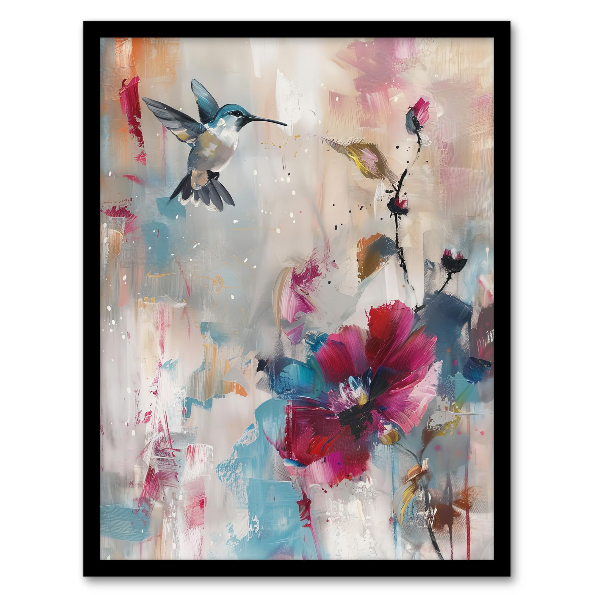 Artery8 Hummingbird And Zinnia Flower Blooms Oil Painting Wall Art PrintA4 Size from B&Q