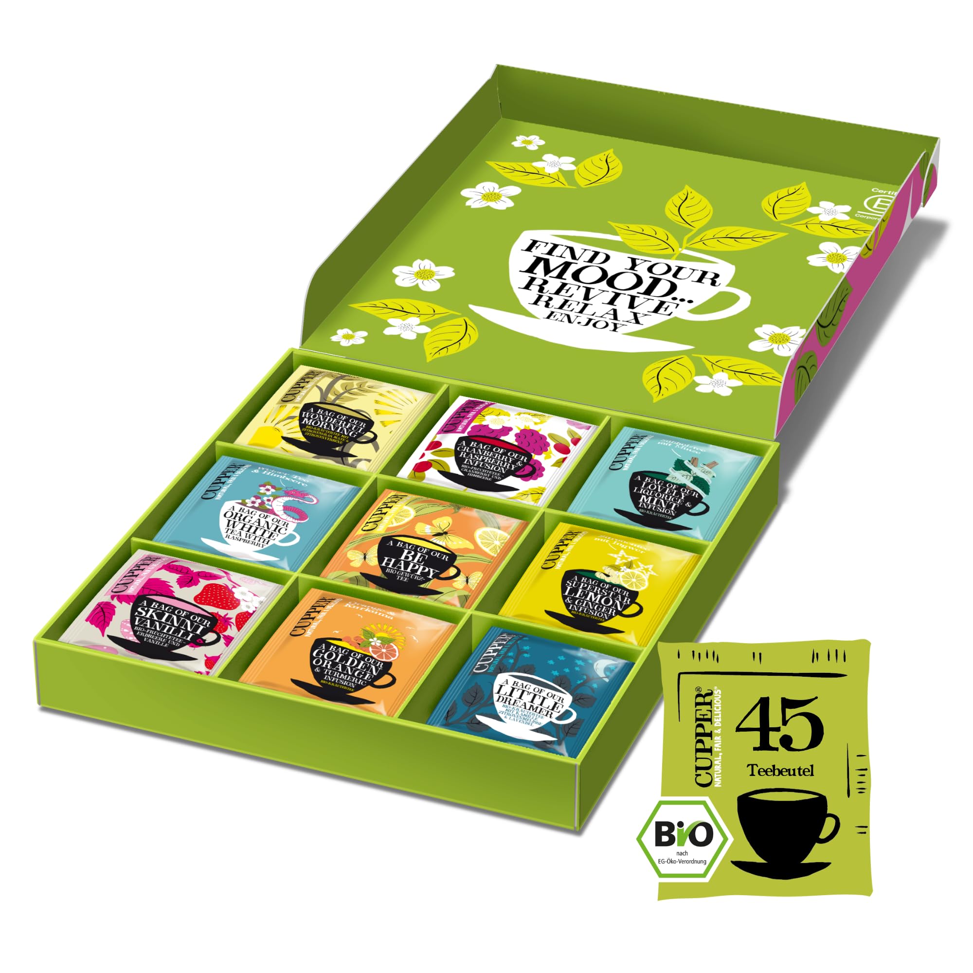 Cupper Bio Tee Geschenkset, Tee Set, Geschenkidee, Bunte Teebox mit 9 verschiedenen Sorten, Kollektion ausgewählter Kräuter- und Früchtetees (1 Box, 45 Teebeutel)