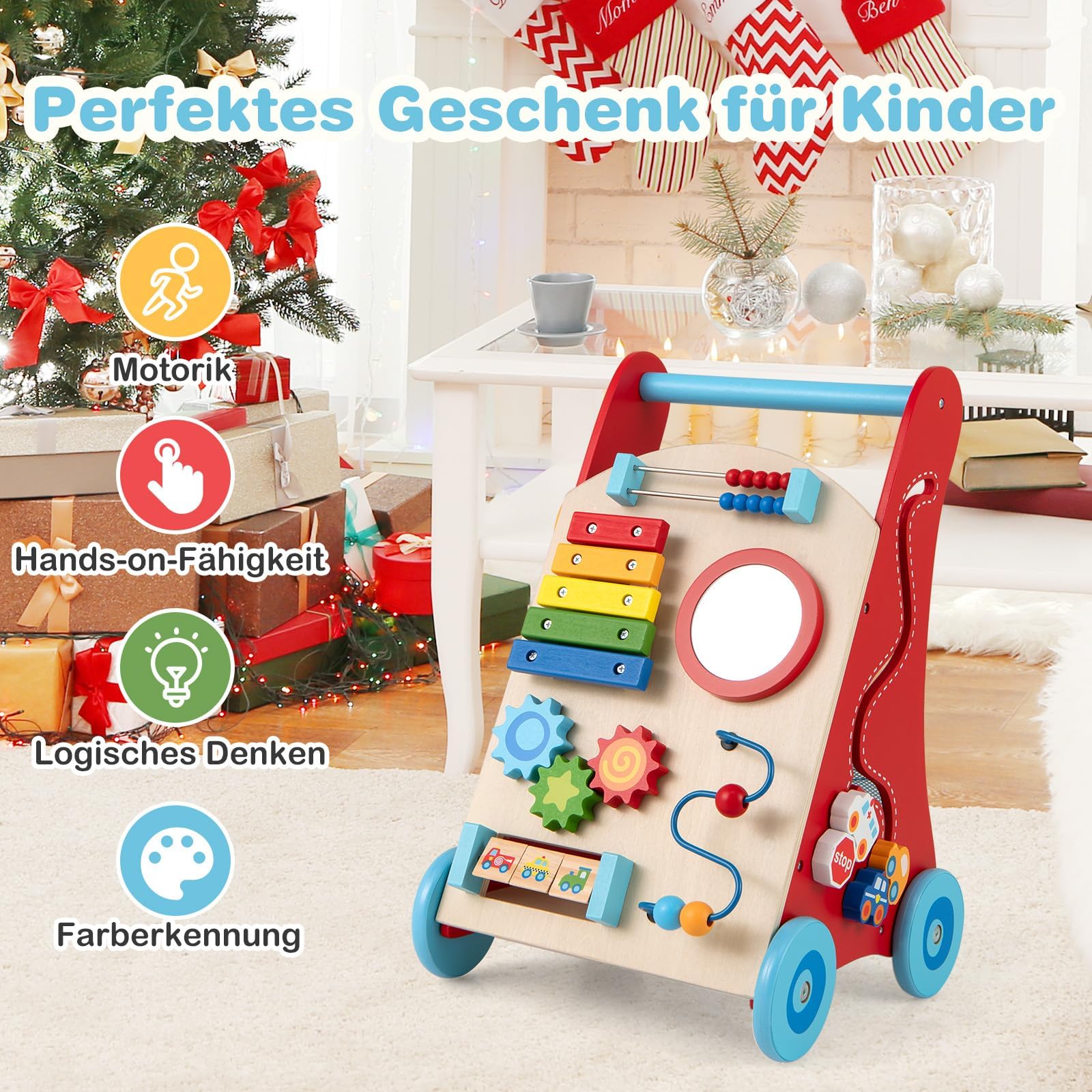 FANTASK Passeggino in legno per primi passi con manico, vano portaoggetti e ruote per spingere e tirare, Montessori Baby Walker per sedersi e stare in piedi, ragazzi e ragazze a partire da 1 anno