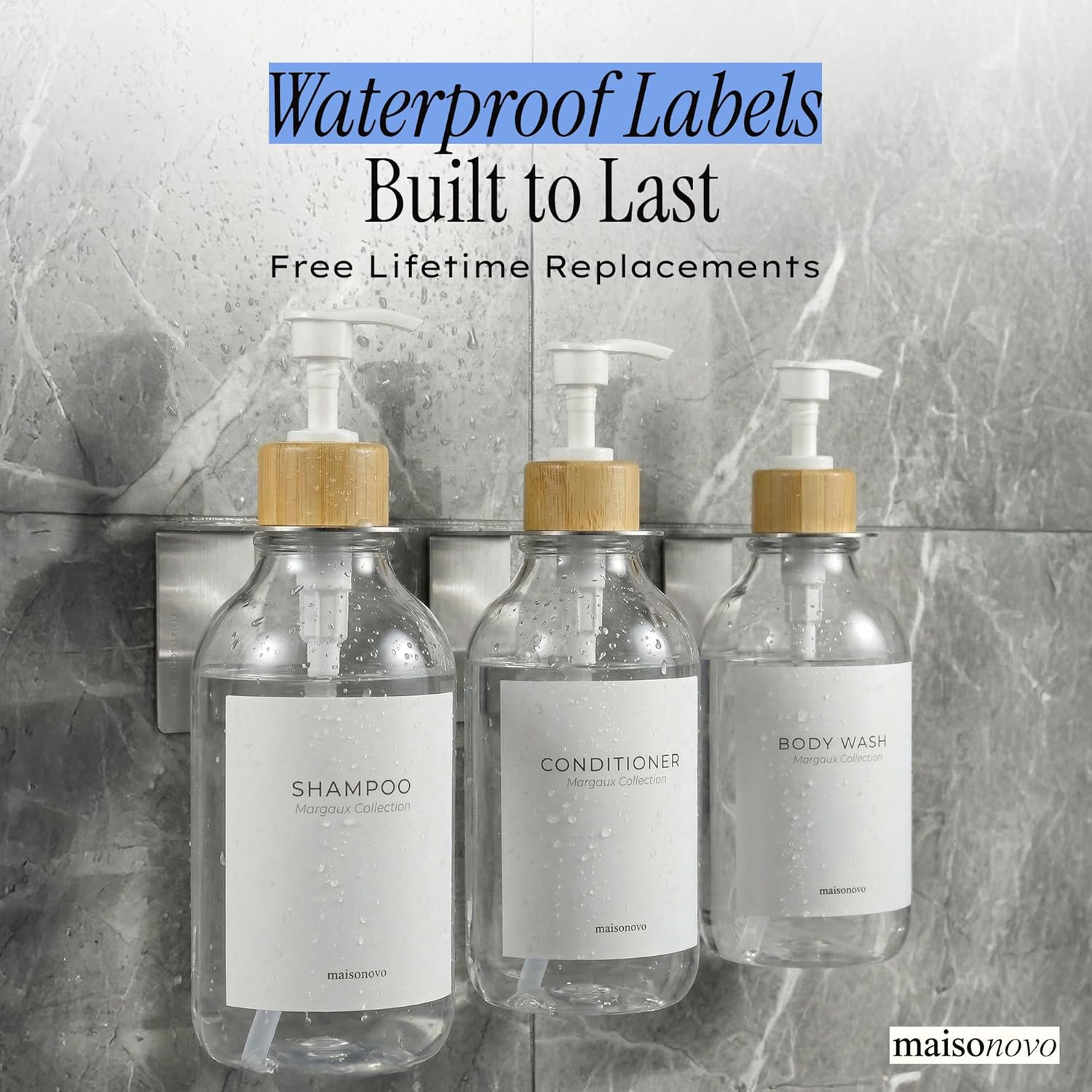 Shampoo and Conditioner Dispenser Wall Mounted Set of 3 Clear Bamboo - No Drill Shower Soap Dispenser for Bathroom Refillable - Spa Hotel Style Accessories by MaisoNovo