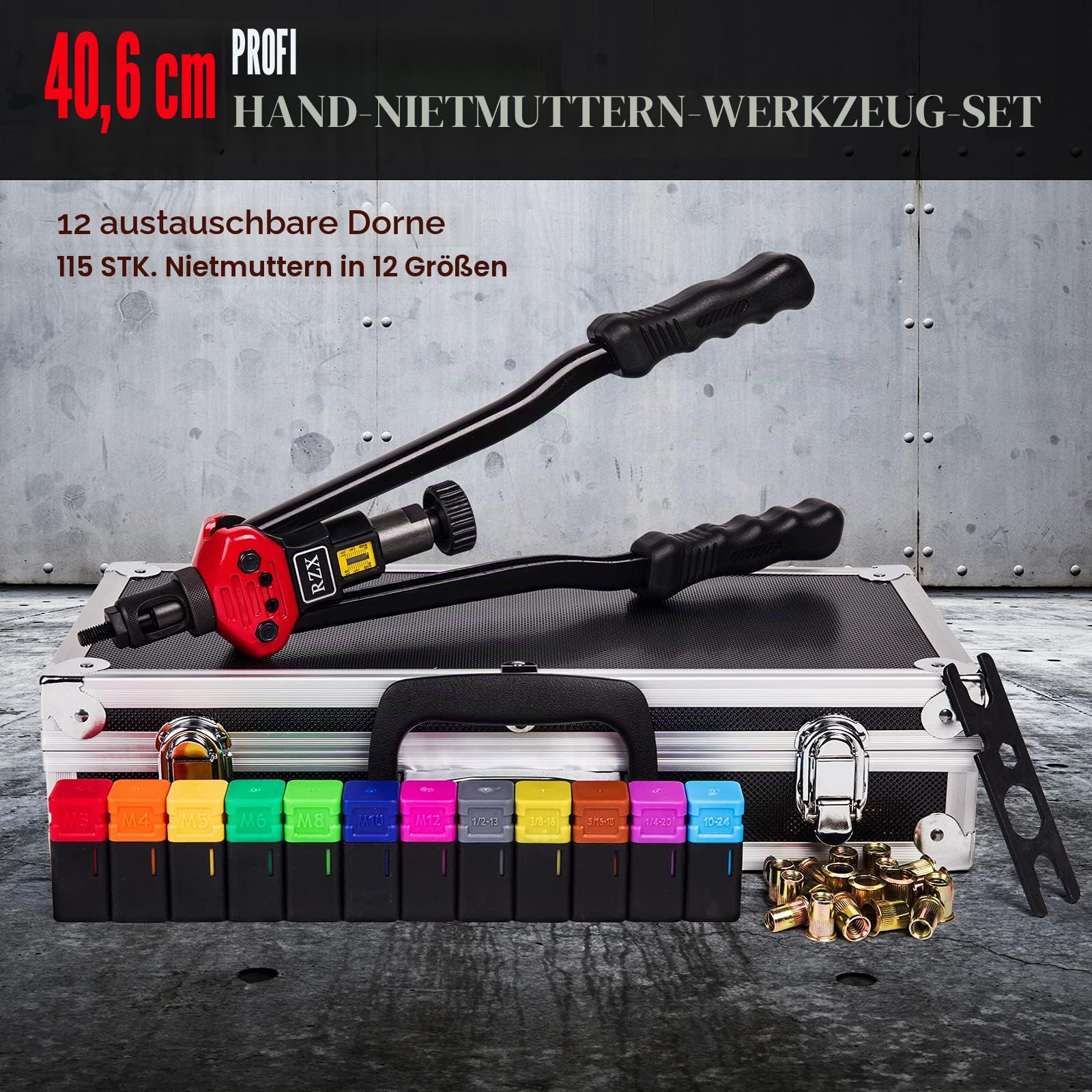 Koffer-Werkzeugkoffer, 43,2 cm, M3 M4 M5, M6, M8, M10, M12, 10-24, 1/4-20, 5/16-18, 3/8-16, Nietpistole, Nietwerkzeuge mit Muttereinstellsystem M3-m12 Bt607