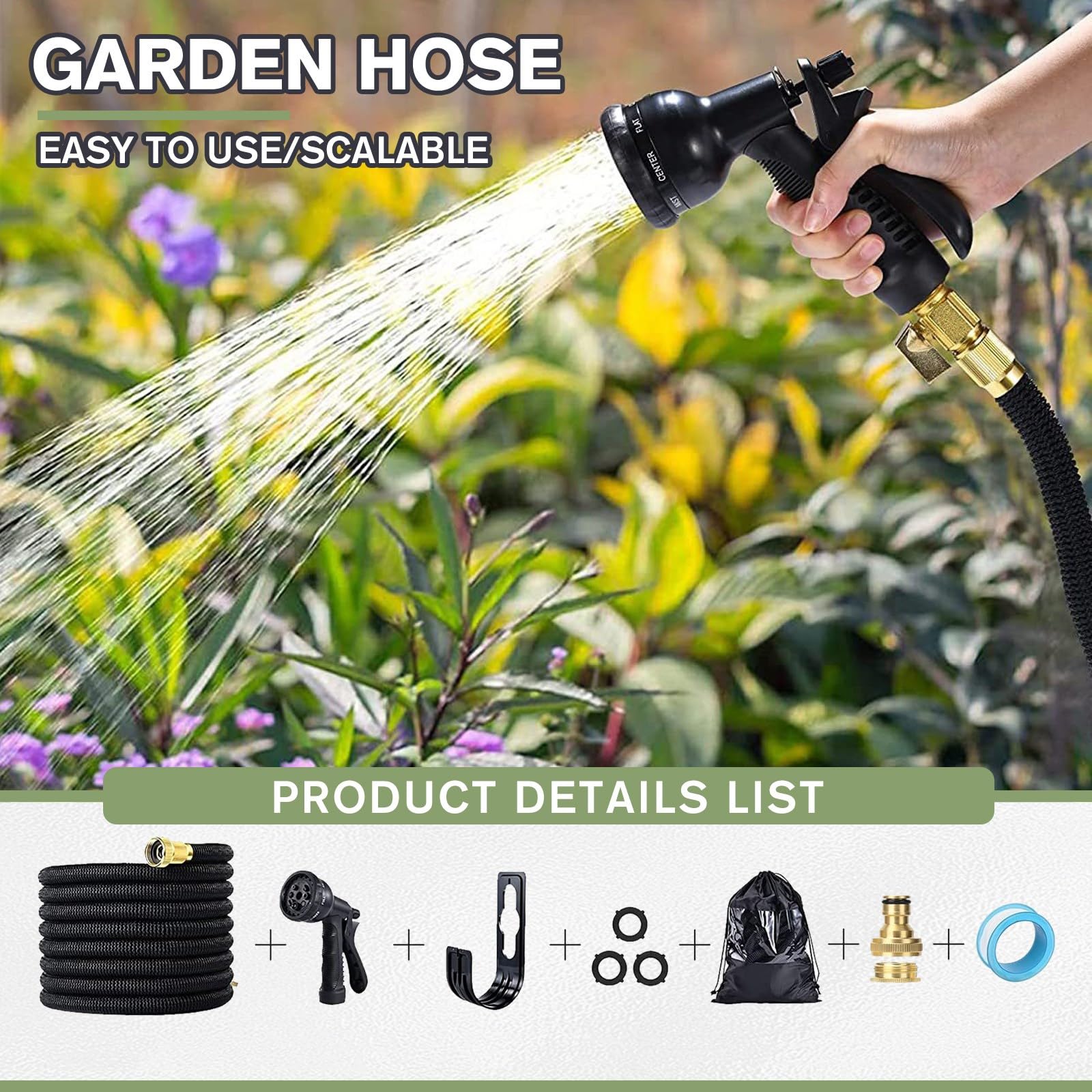 LINGKY Manguera de Jardin Extensible 30 Metros con 8 Funciones de Riego - Manguera Jardin Enrollable de Polyester 3750D - Conectores de 1/2", 3/4" y Universal Para Grifo Incluido - Garden Hose