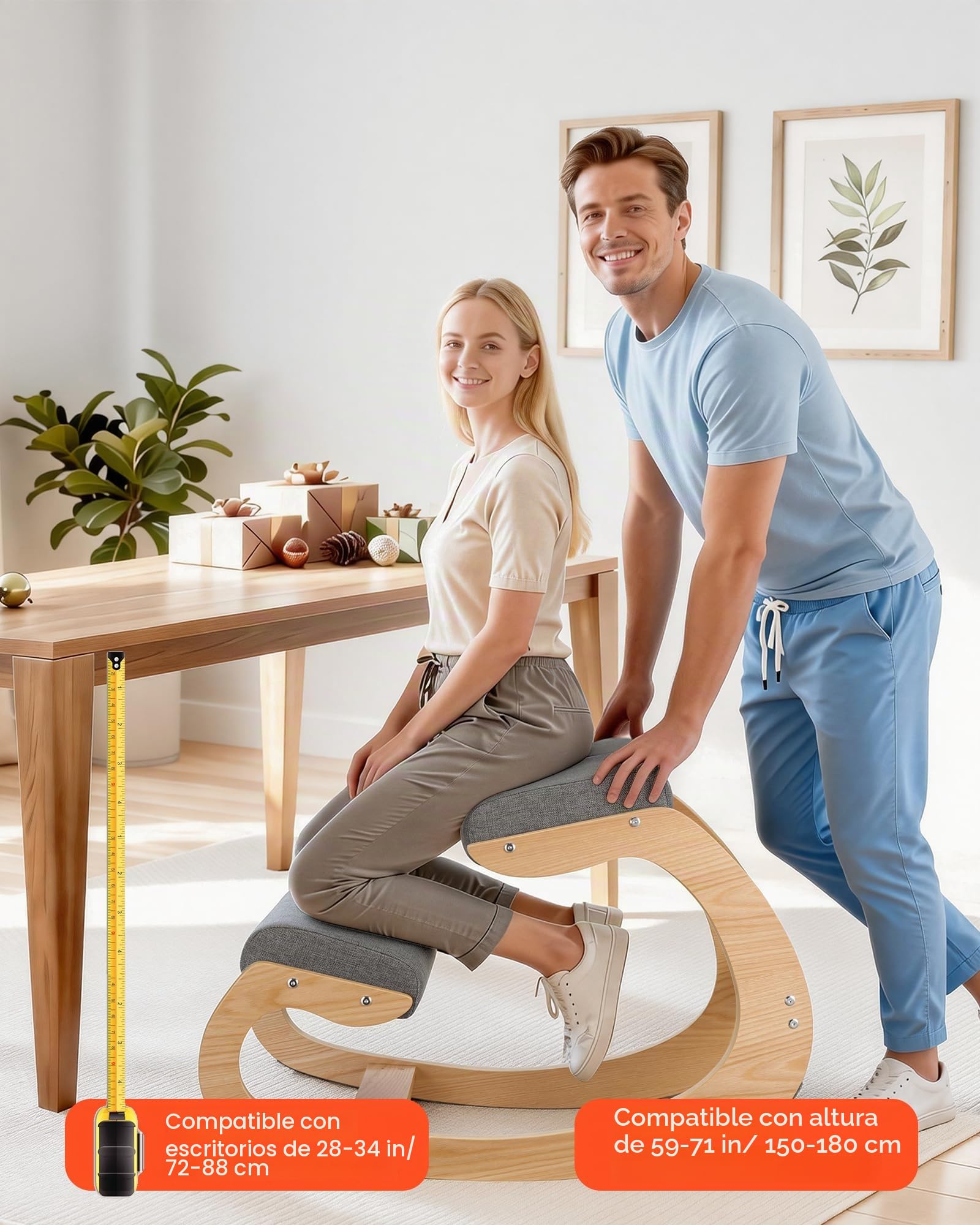 VEVOR Silla Ergonómica de Rodillas con Estructura de Madera y Cojín de Espuma Gris, Taburete para Rodillas Carga de 120 kg, Relajarse de Cuello y Espalda para Hogar, Oficina, 82 x 54 x 55,5 cm