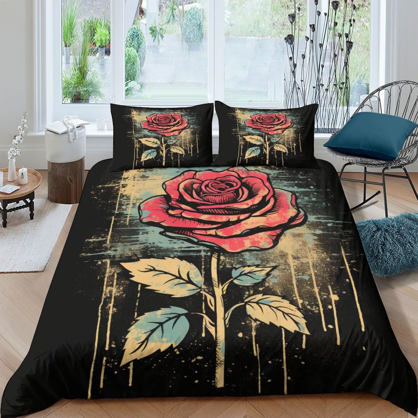 Housse de couette retro rose rouge parure de lit 3 pieces imprime 3D haute densite king 220x240