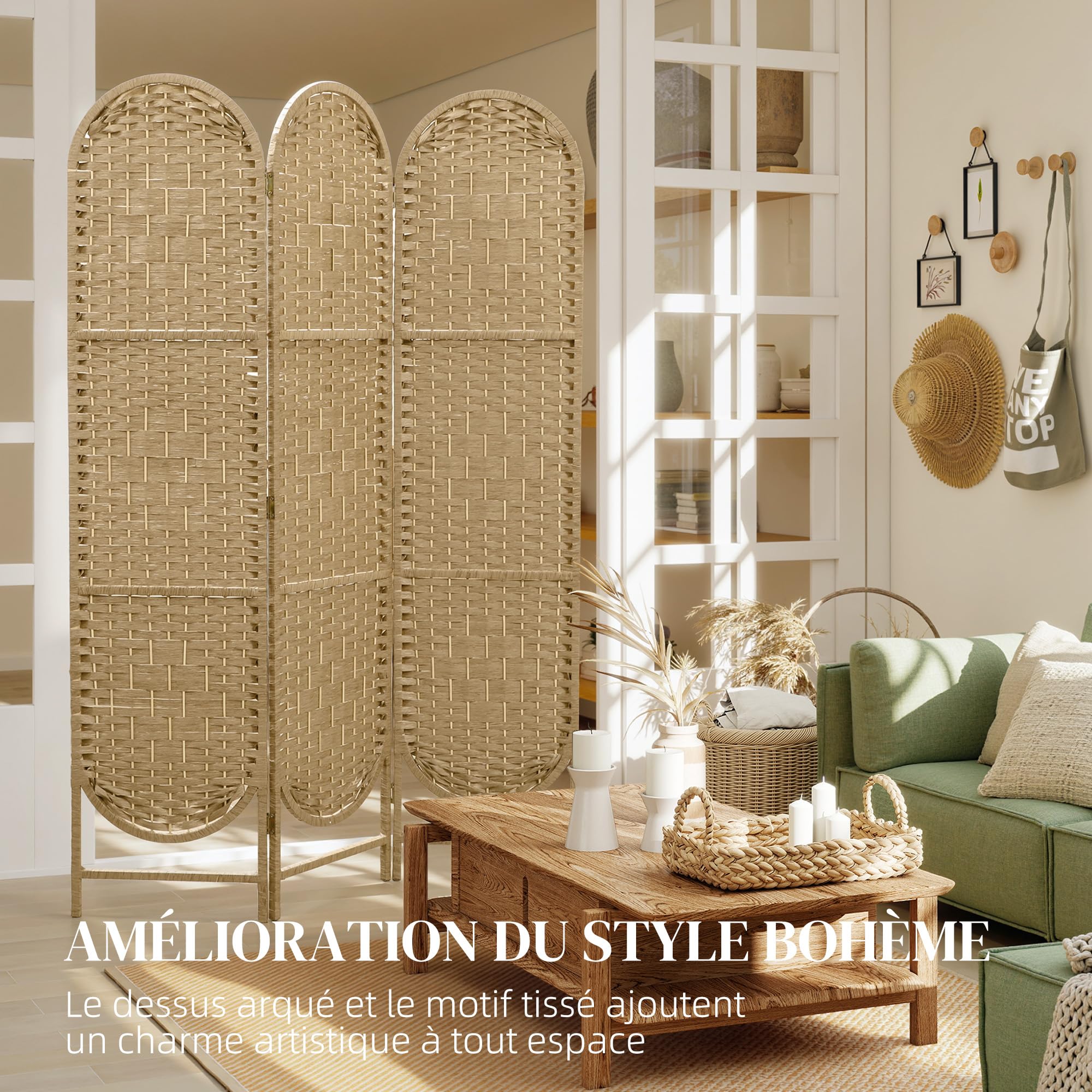 HOMCOM Paravent Interieur Ovale 3 Panneaux Léger 120 x 170 cm Bois Naturel | Séparateur de Pièce Pliable, Tissé, Style Bohème, Cloison de Séparation, pour Salon Chambre à Coucher Maison