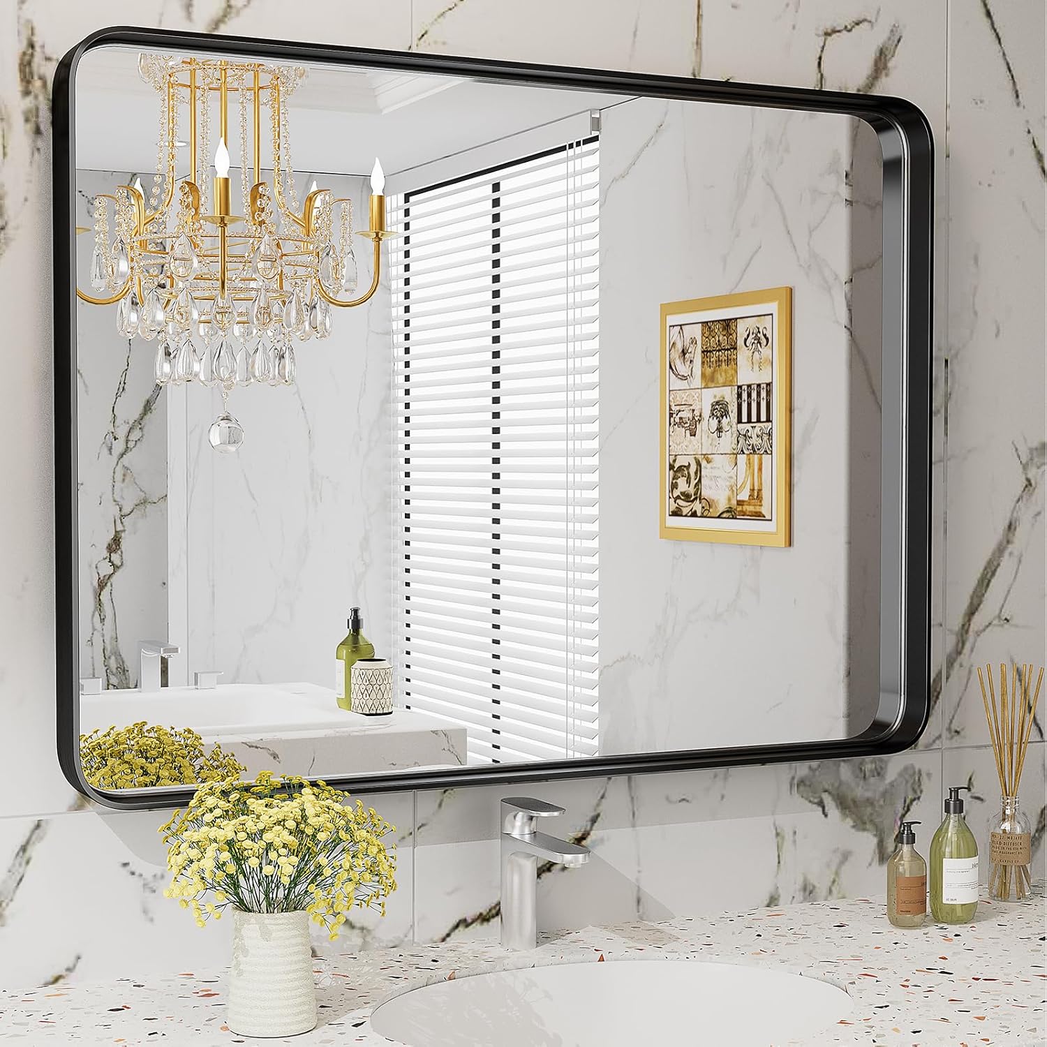30x40 Inch Black Bathroom Mirror Vanity Mirror, Aluminum Alloy Framed