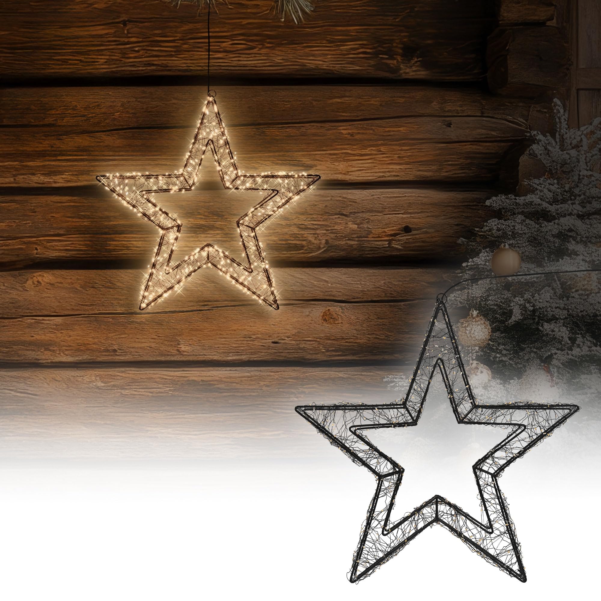 ECD Germany LED-Weihnachtsstern 38 cm, 500 LEDs Extra-Warmweiß, Timer, Innen/Außen, IP44 Wasserdicht, Leuchtstern aus Metall, LED Drahtstern zum Aufhängen für Weihnachten, Weihnachtsdeko Fensterdeko