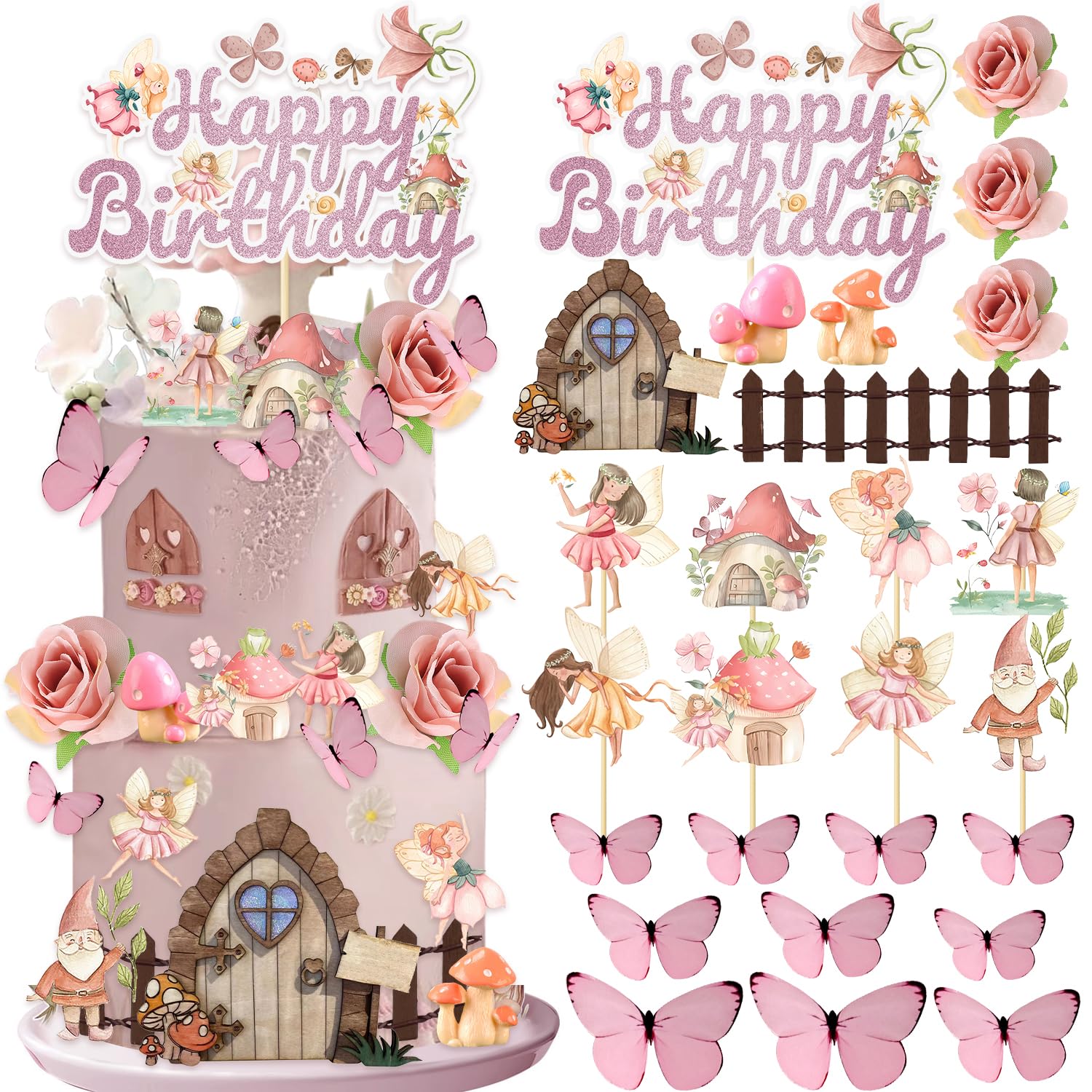 26 PCS Fairy Cake Toppers, Fairy Cake Decorations Fairy Birthday Party Decorations Supplies for Woodland Garden Party