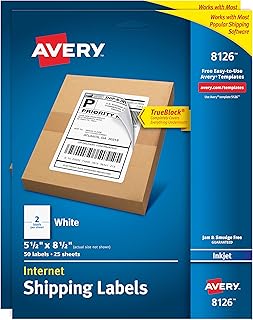 Avery Shipping Address Labels, Inkjet Printers, 100 Labels, Half Sheet Labels, Permanent Adhesive, TrueBlock (2-Pack 8126)