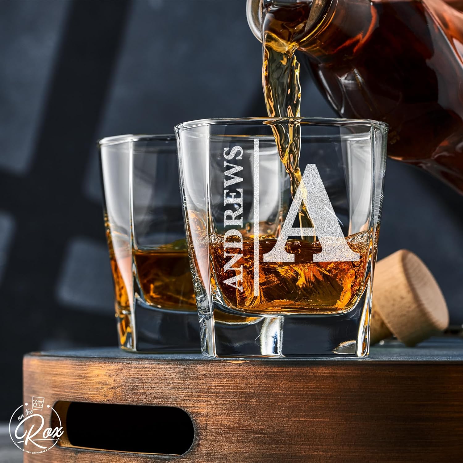 Personalized Whiskey Glass Gifts - Custom Engraved Square Bottom Glass for Wedding - 12 oz Bourbon, Scotch Glass - Groomsman Favors (Name Monogram)