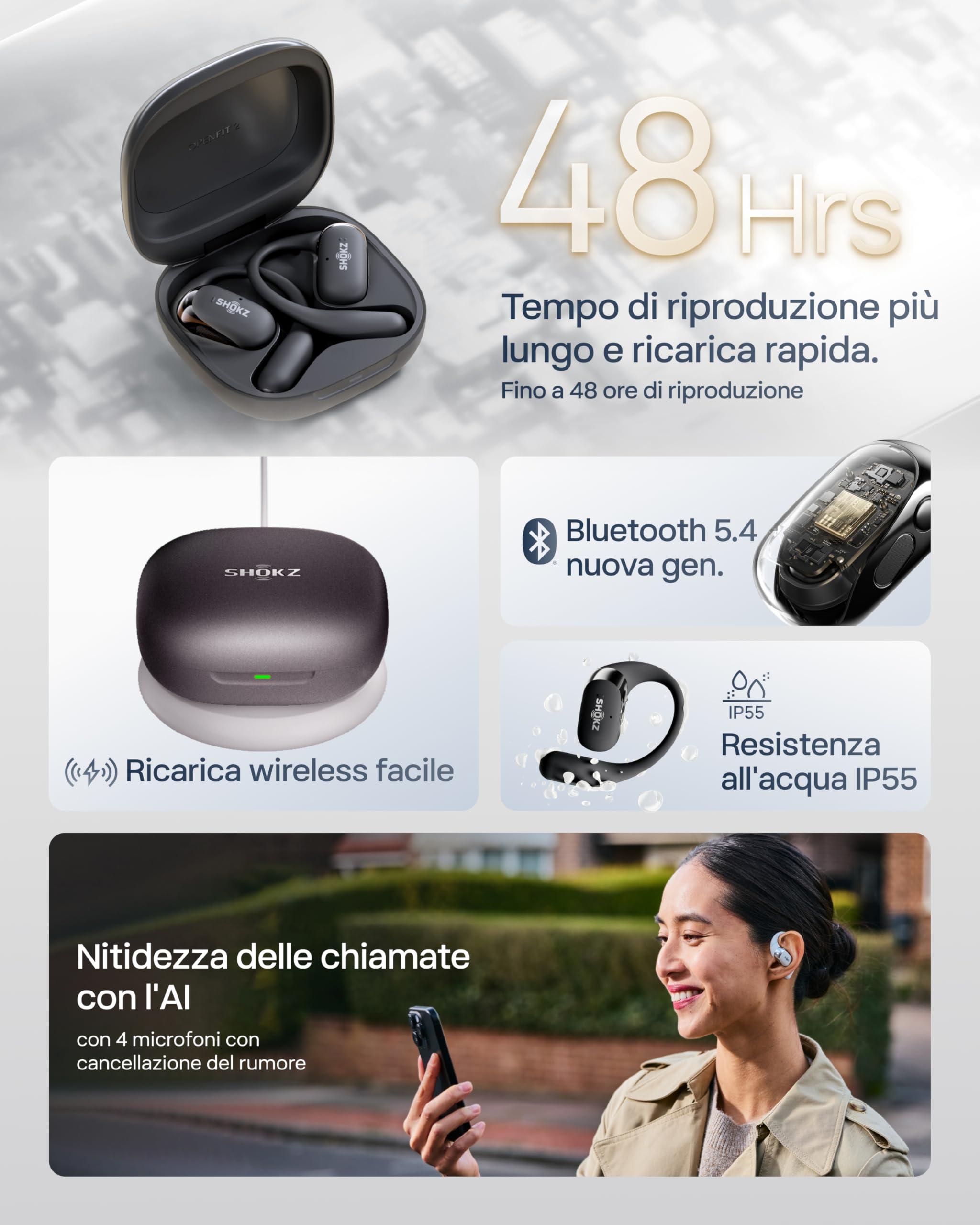 SHOKZ NEW OpenFit 2+ Cuffie Open-Ear con Audio Dolby, Auricolari Comodi con Ganci Morbidi, 48H di Riproduzione, Resistenza all’Acqua IP55, Ricarica Rapida USB-C e Wireless, Custodia Inclusa, Nero