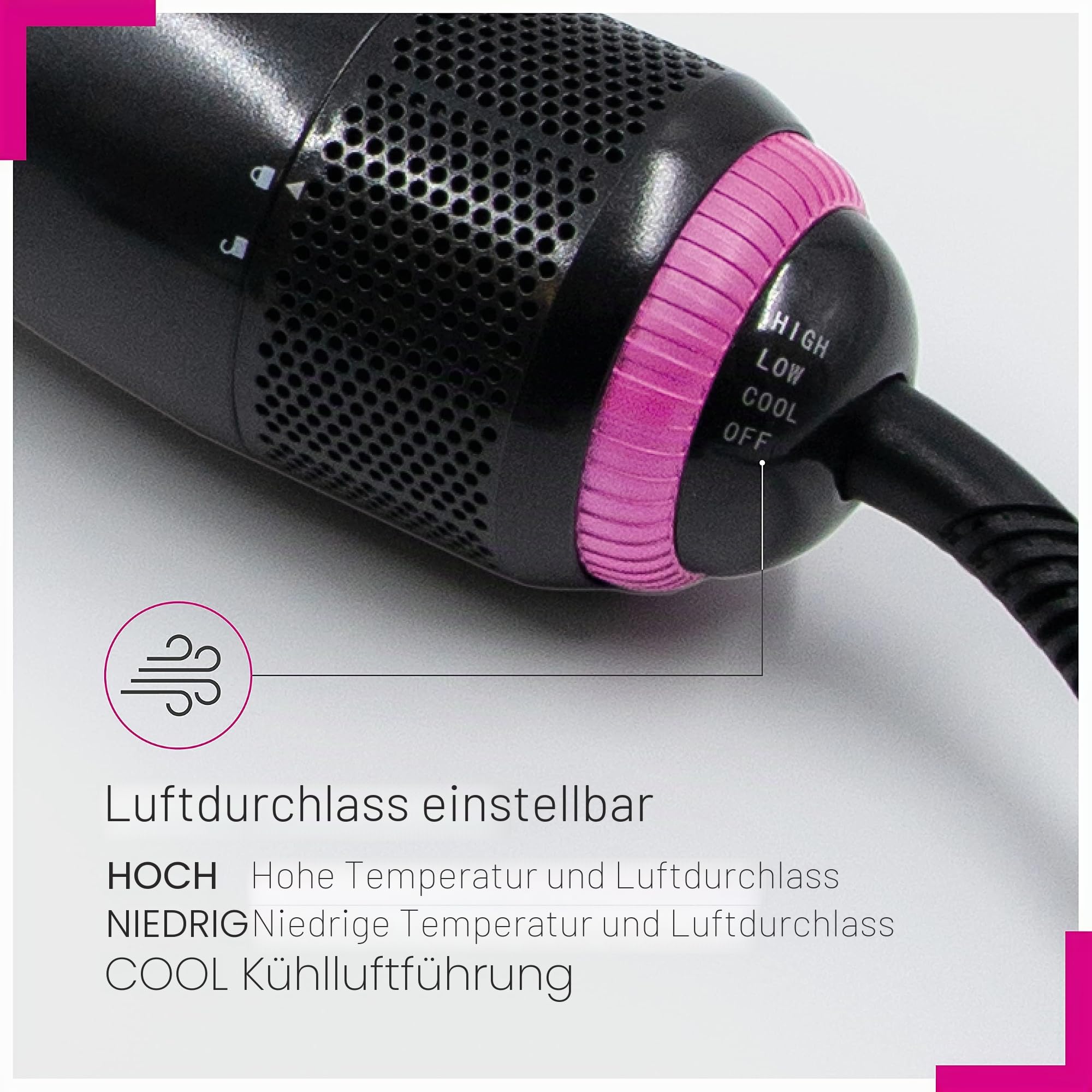 ELISON Elektrische Glättbürste, Warmluftbürste, Ionikbürste, 2 Typen von Zähnen, einstellbare Temperatur, mit Etui, Schwarz-Fuchsia