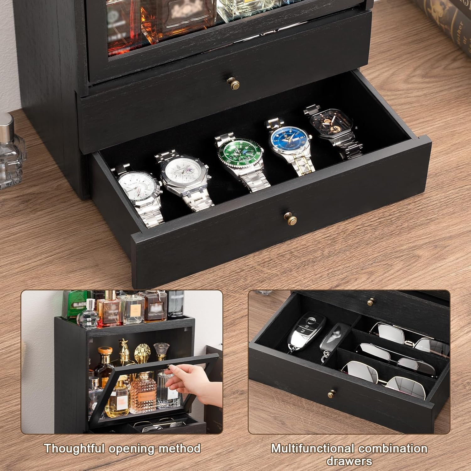 HoldOneLight Organizador de perfume, soporte vertical de madera para perfume, 4 niveles, gran capacidad, a prueba de polvo, con doble cajón, regalo para seres queridos