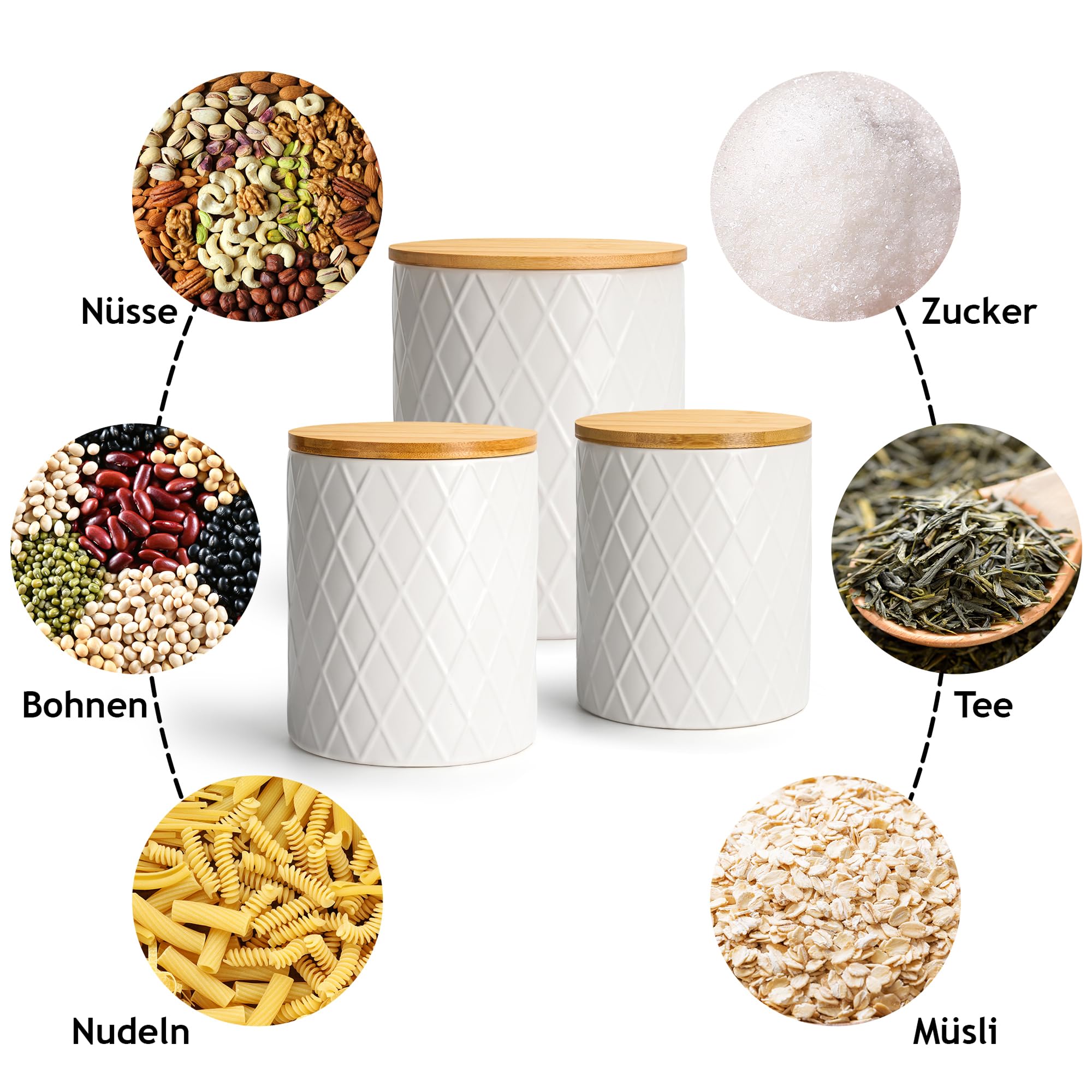 MIAMIO - Vorratsdosen Set 6 / Keramikdosen für Küche - Palmanova (Weiß) | Keramik-Vorratsdosen mit luftdichten Holzdeckeln für Kaffee, Tee, Zucker, Mehl und Salz zur Küchenaufbewahrung zu Hause