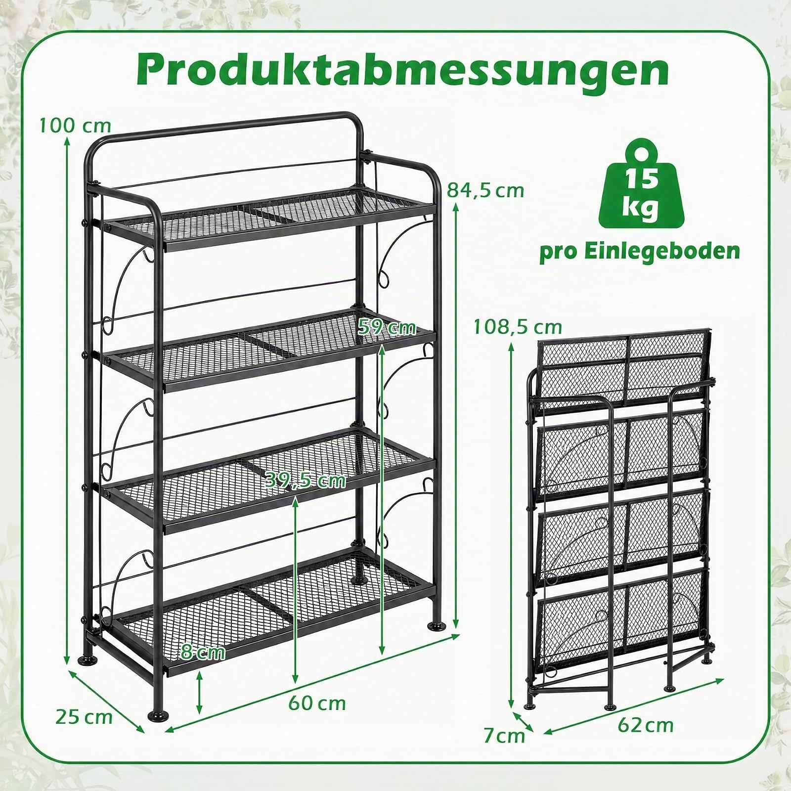 COSTWAY 4 Etagen Pflanzenständer klappbar, Blumenständer Metall, Blumenregal mit verstellbarer Ablage, bis 40kg, Pflanzenregal Blumentreppe Pflanzentreppe, Garten Terrasse Balkon, Schwarz, 60x25x100cm